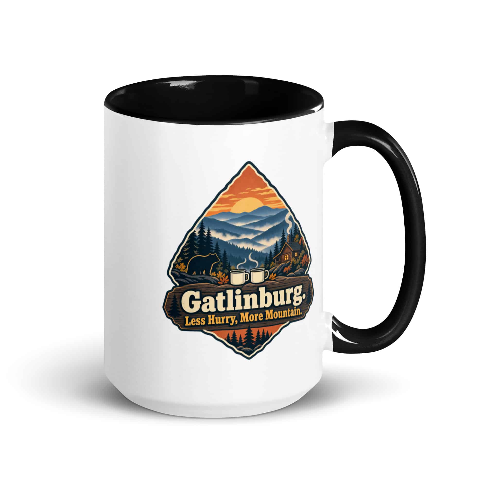 Gatlinburg and the Smokies Color Inside Coffee Mug: Gatlinburg. Less Hurry, More Mountain, Scenic Shield Badge