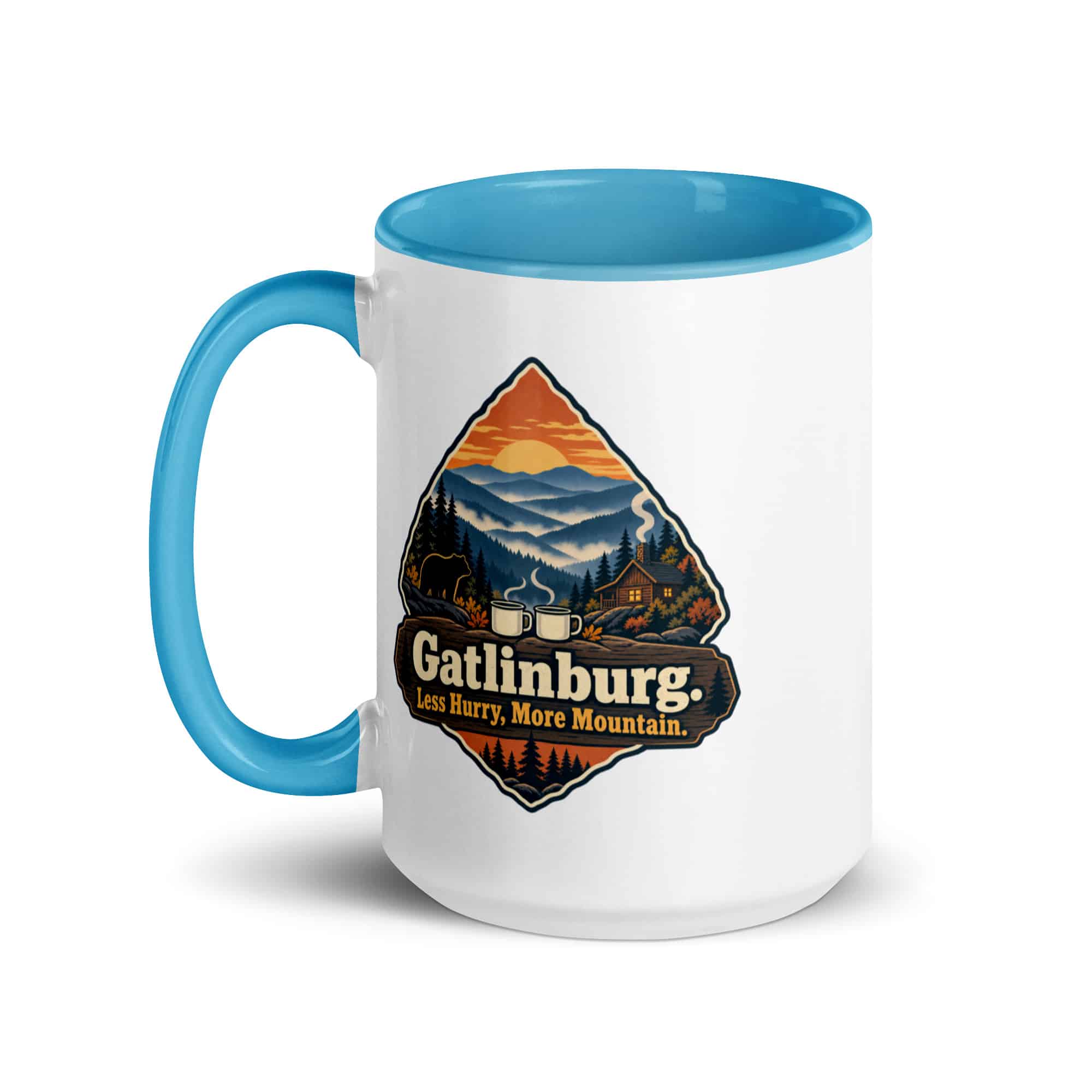 Gatlinburg and the Smokies Color Inside Coffee Mug: Gatlinburg. Less Hurry, More Mountain, Scenic Shield Badge