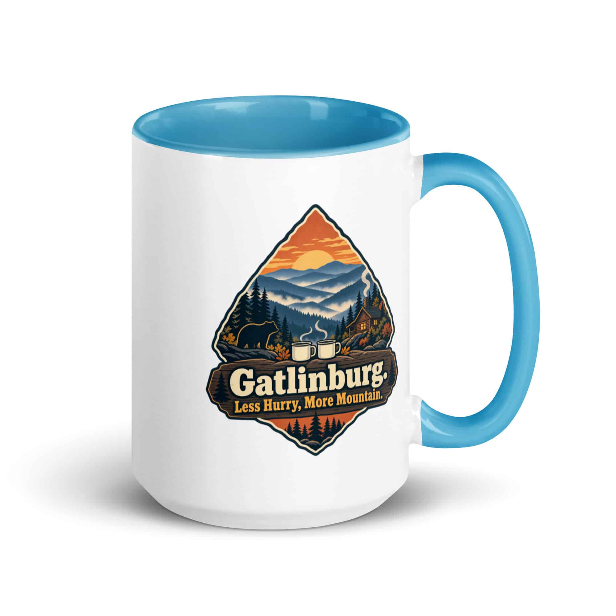 Gatlinburg and the Smokies Color Inside Coffee Mug: Gatlinburg. Less Hurry, More Mountain, Scenic Shield Badge