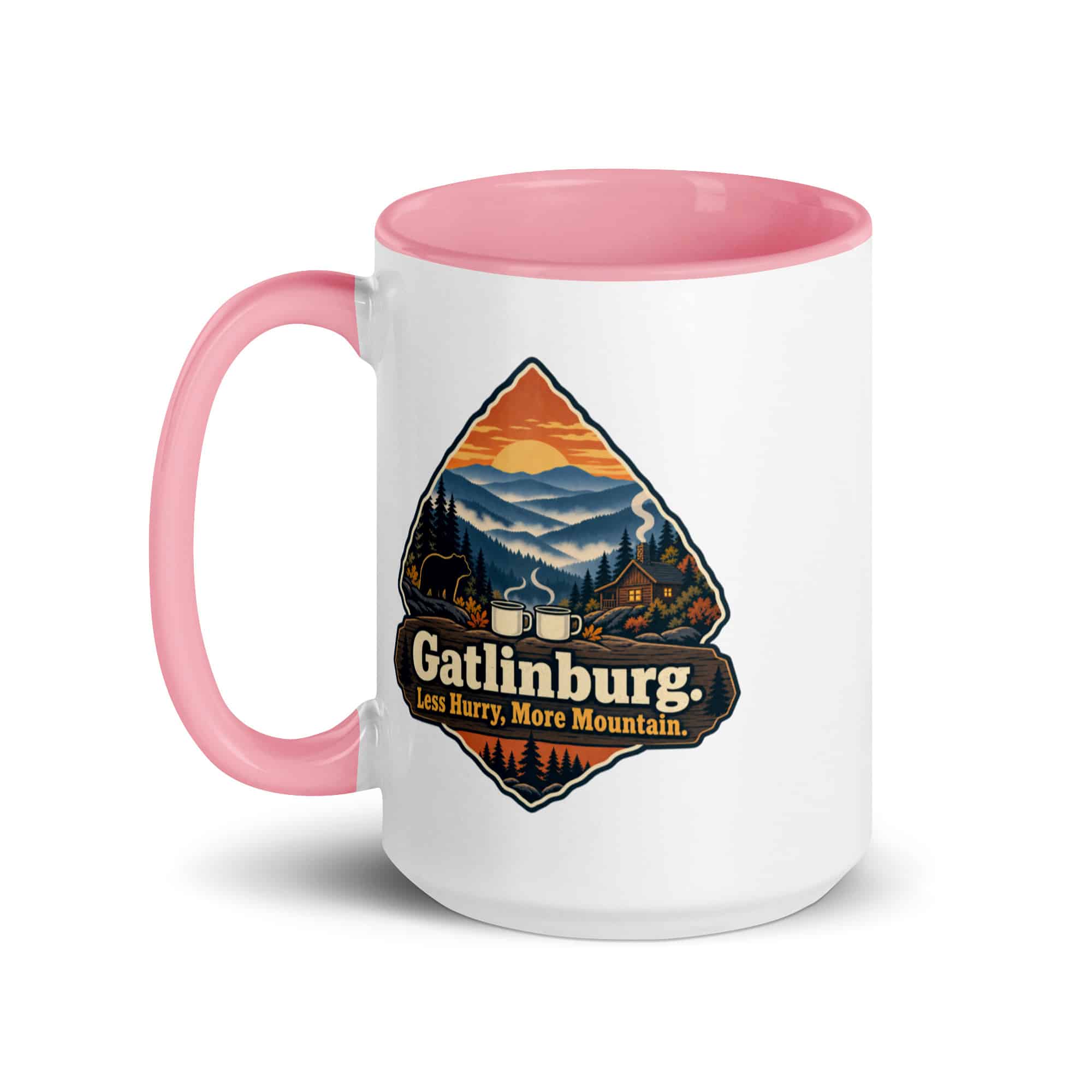 Gatlinburg and the Smokies Color Inside Coffee Mug: Gatlinburg. Less Hurry, More Mountain, Scenic Shield Badge