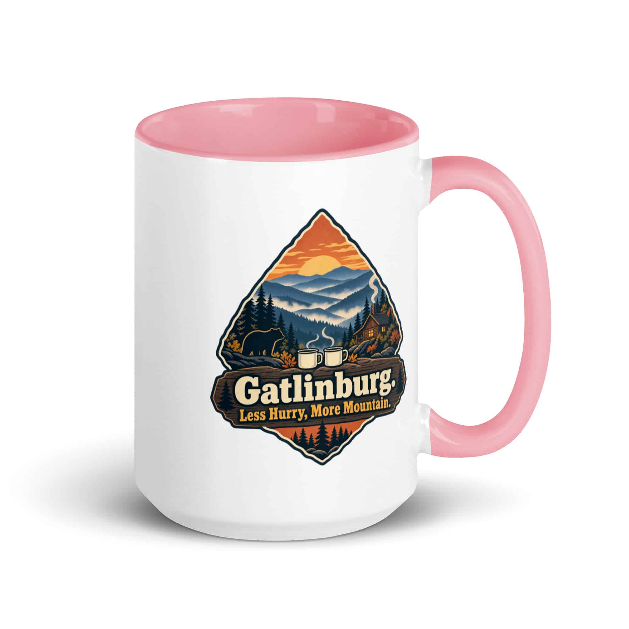Gatlinburg and the Smokies Color Inside Coffee Mug: Gatlinburg. Less Hurry, More Mountain, Scenic Shield Badge