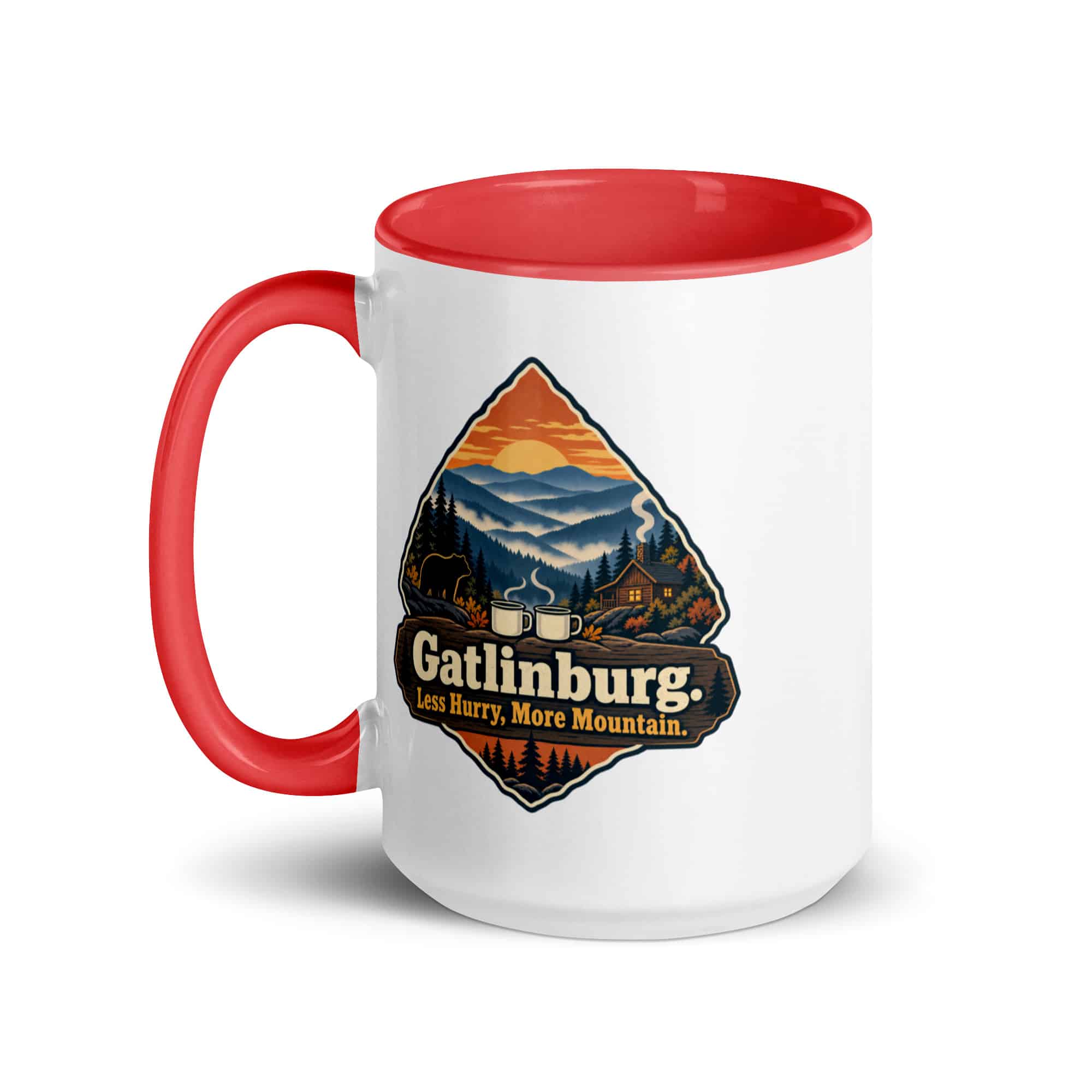Gatlinburg and the Smokies Color Inside Coffee Mug: Gatlinburg. Less Hurry, More Mountain, Scenic Shield Badge