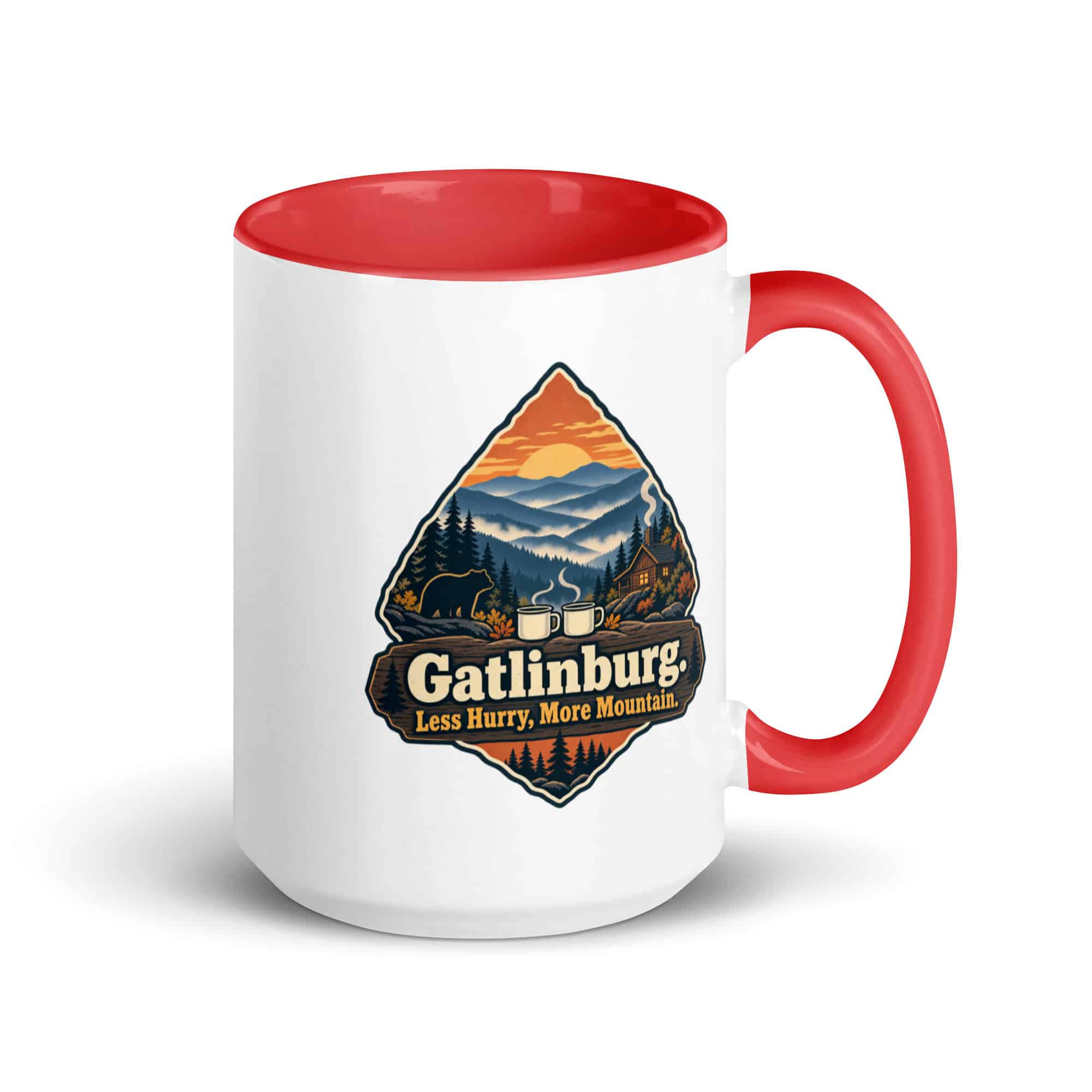 Gatlinburg and the Smokies Color Inside Coffee Mug: Gatlinburg. Less Hurry, More Mountain, Scenic Shield Badge