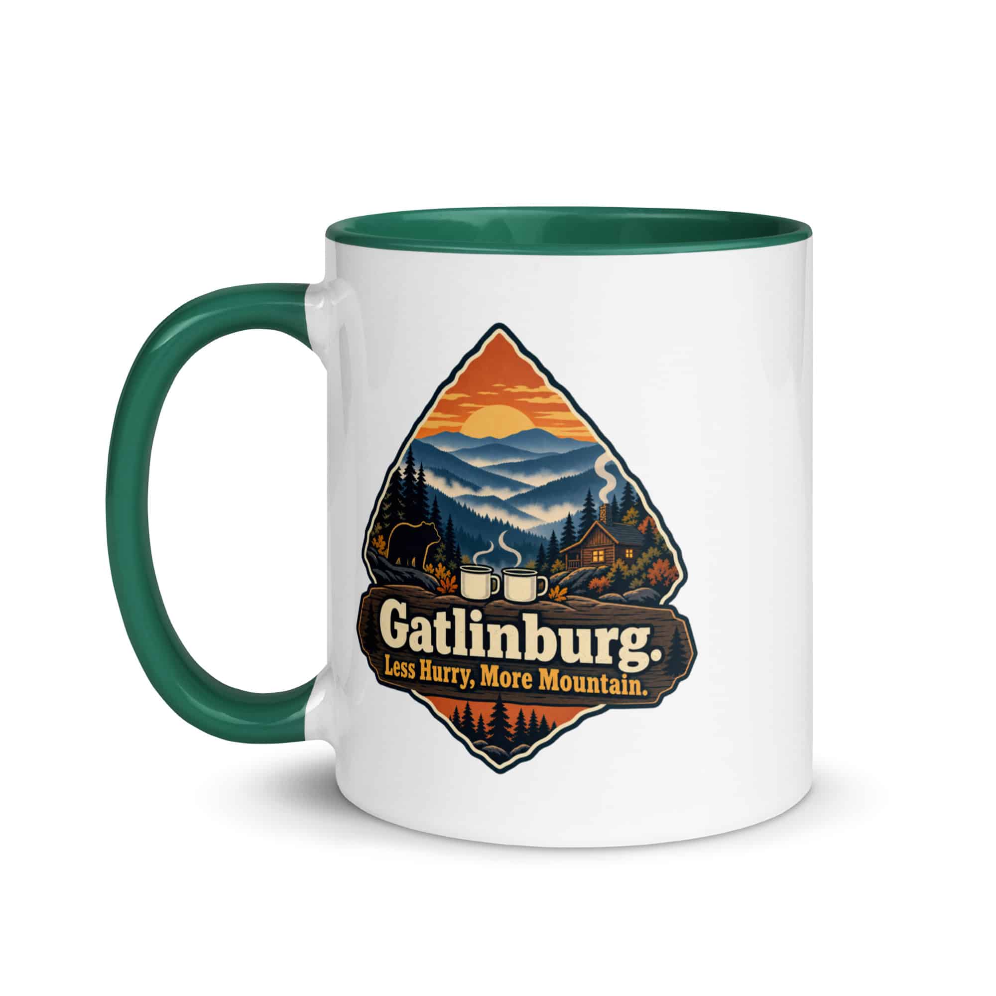 Gatlinburg and the Smokies Color Inside Coffee Mug: Gatlinburg. Less Hurry, More Mountain, Scenic Shield Badge