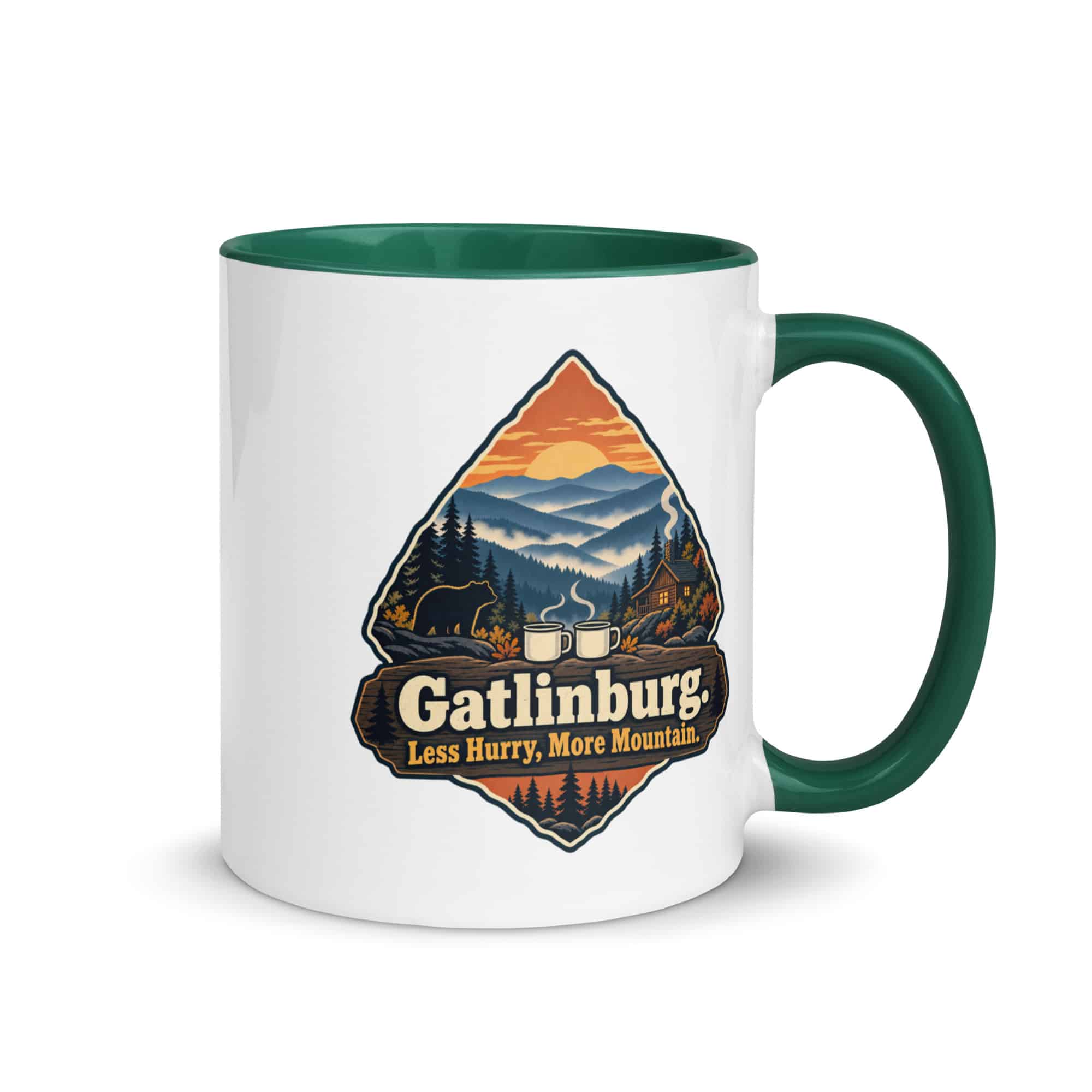 Gatlinburg and the Smokies Color Inside Coffee Mug: Gatlinburg. Less Hurry, More Mountain, Scenic Shield Badge