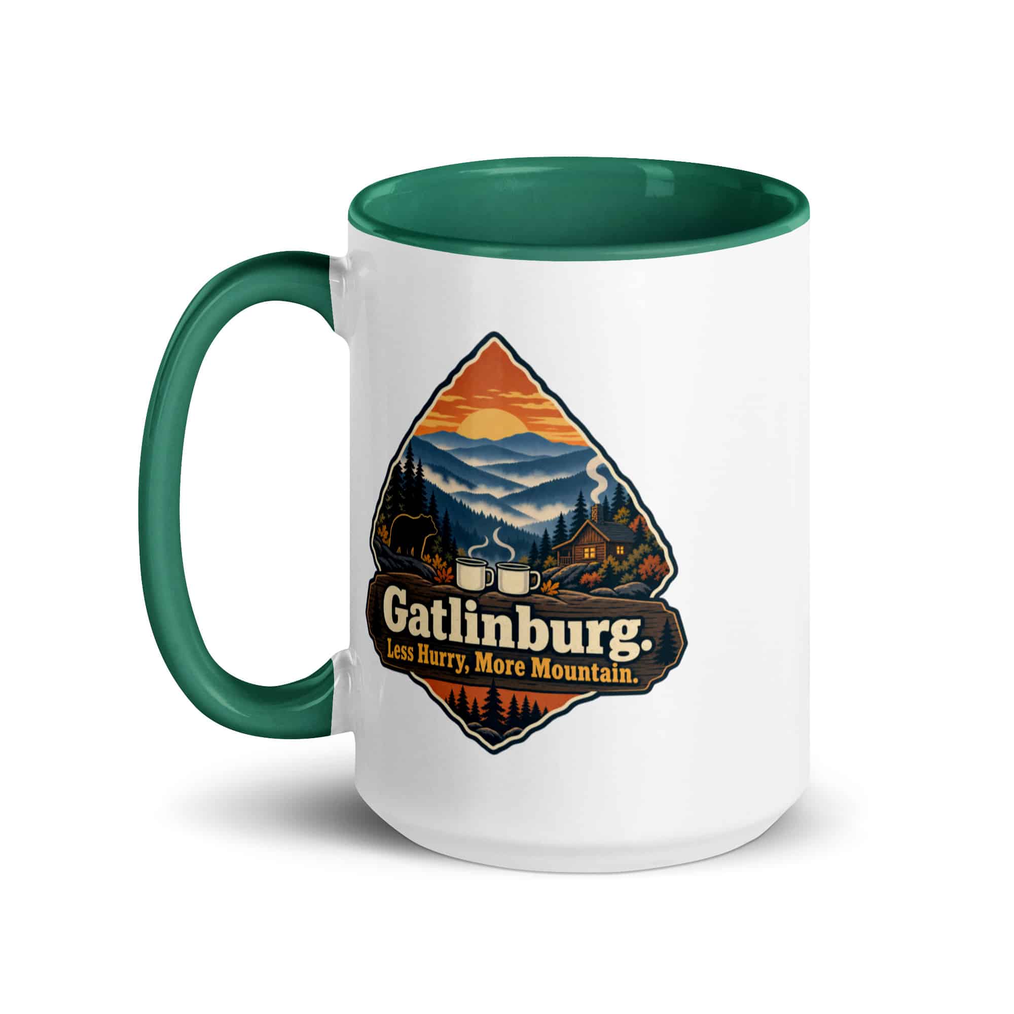 Gatlinburg and the Smokies Color Inside Coffee Mug: Gatlinburg. Less Hurry, More Mountain, Scenic Shield Badge