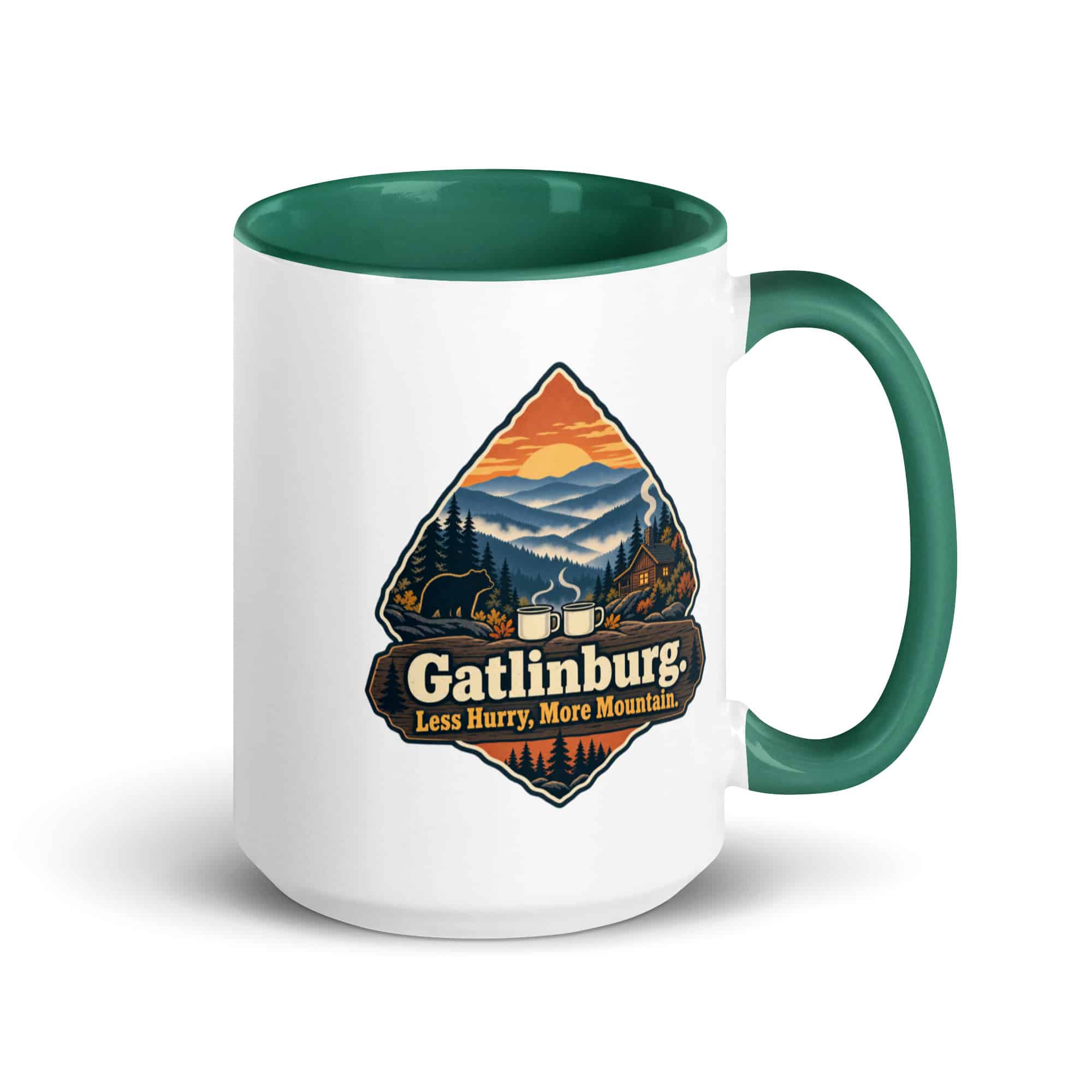 Gatlinburg and the Smokies Color Inside Coffee Mug: Gatlinburg. Less Hurry, More Mountain, Scenic Shield Badge