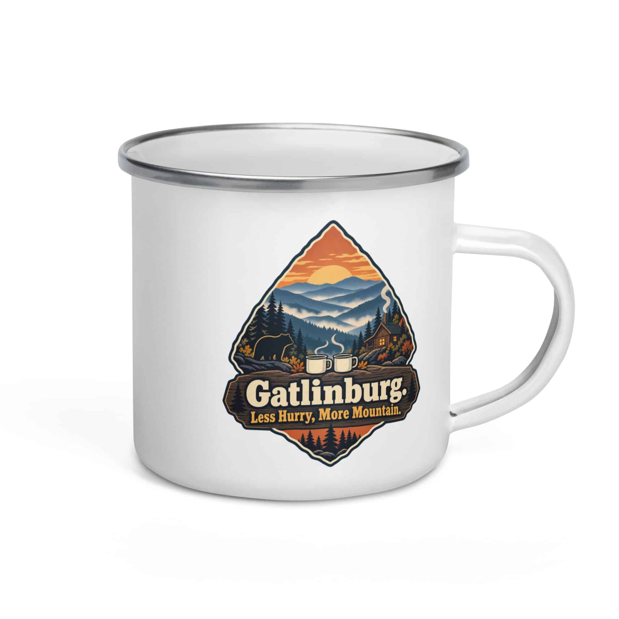 Gatlinburg and the Smokies Enamel Camp Mug: Gatlinburg. Less Hurry, More Mountain, Scenic Shield Badge