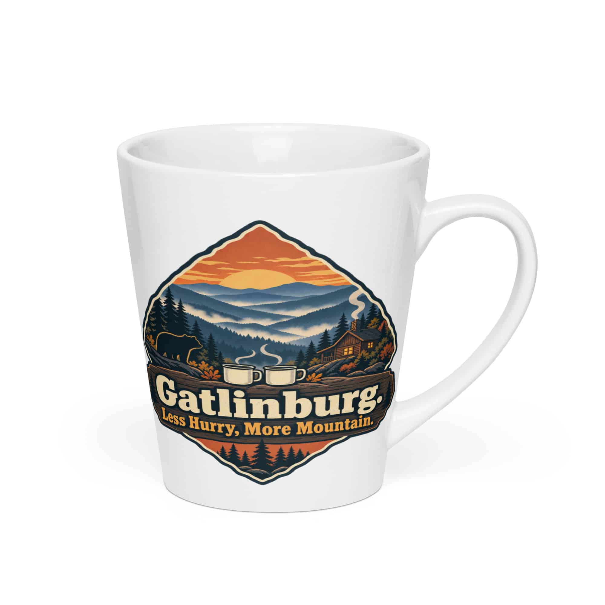 Gatlinburg and the Smokies Latte Mug: Gatlinburg. Less Hurry, More Mountain, Scenic Shield Badge