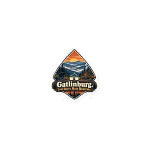 Gatlinburg and the Smokies Die-Cut Magnet: Gatlinburg. Less Hurry, More Mountain, Scenic Shield Badge - 3″×3″ - Main