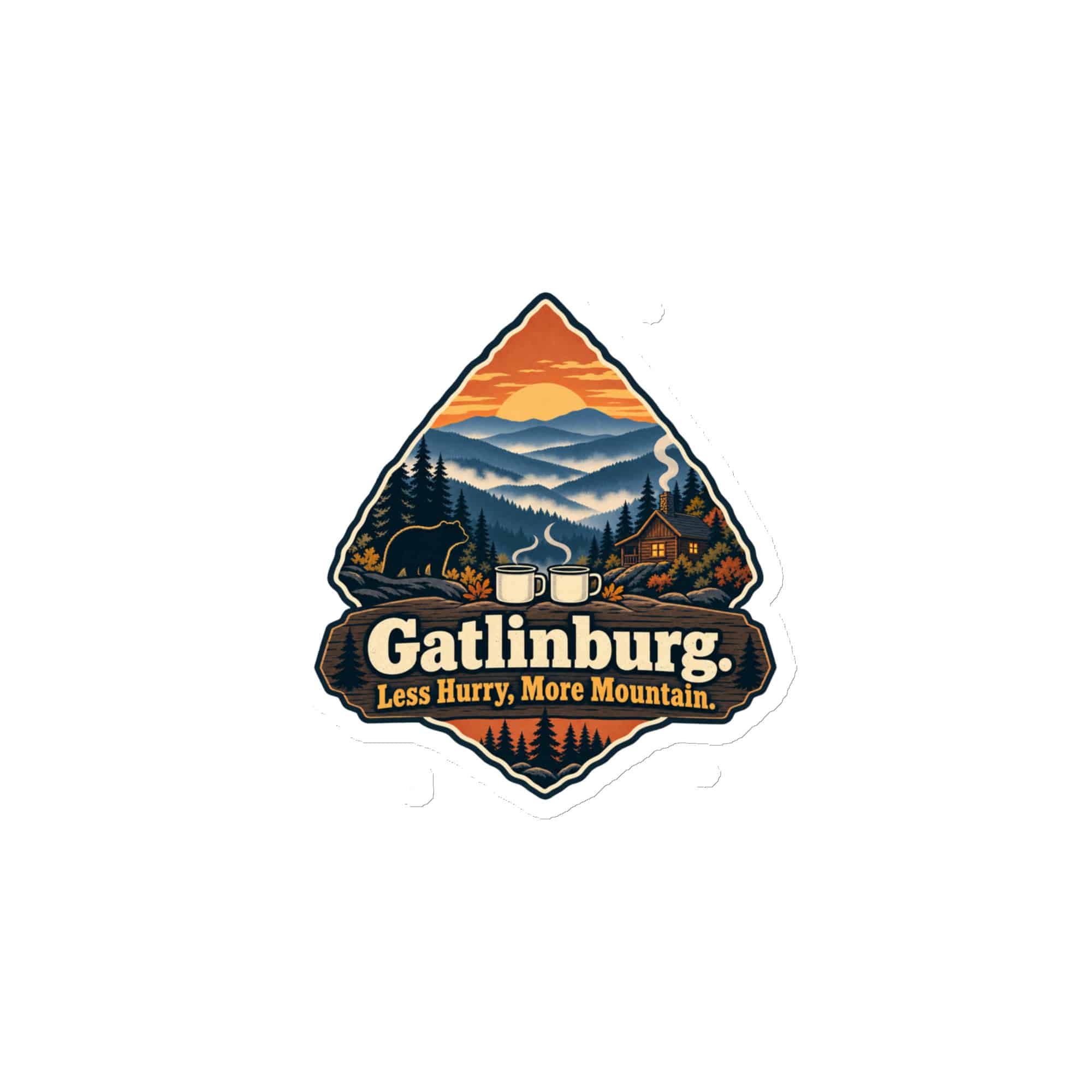 Gatlinburg and the Smokies Die-Cut Magnet: Gatlinburg. Less Hurry, More Mountain, Scenic Shield Badge