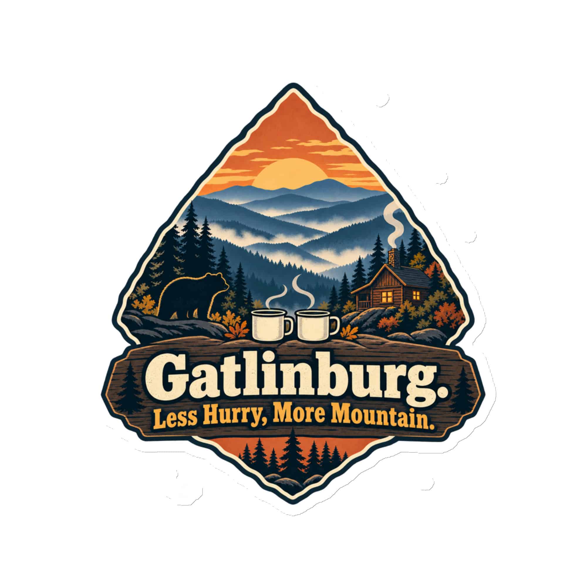 Gatlinburg and the Smokies Die-Cut Magnet: Gatlinburg. Less Hurry, More Mountain, Scenic Shield Badge