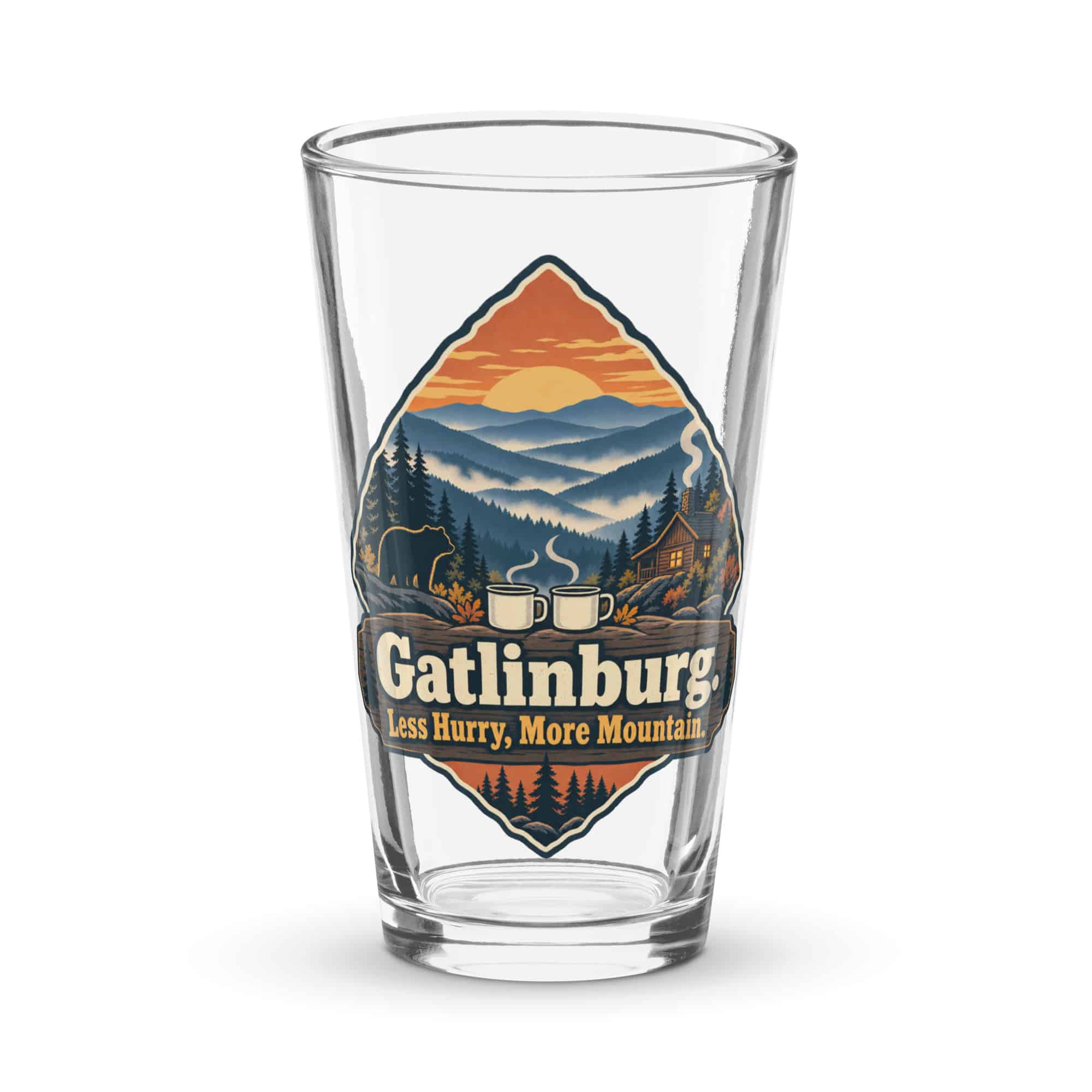 Gatlinburg and the Smokies Pint Glass: Gatlinburg. Less Hurry, More Mountain, Scenic Shield Badge