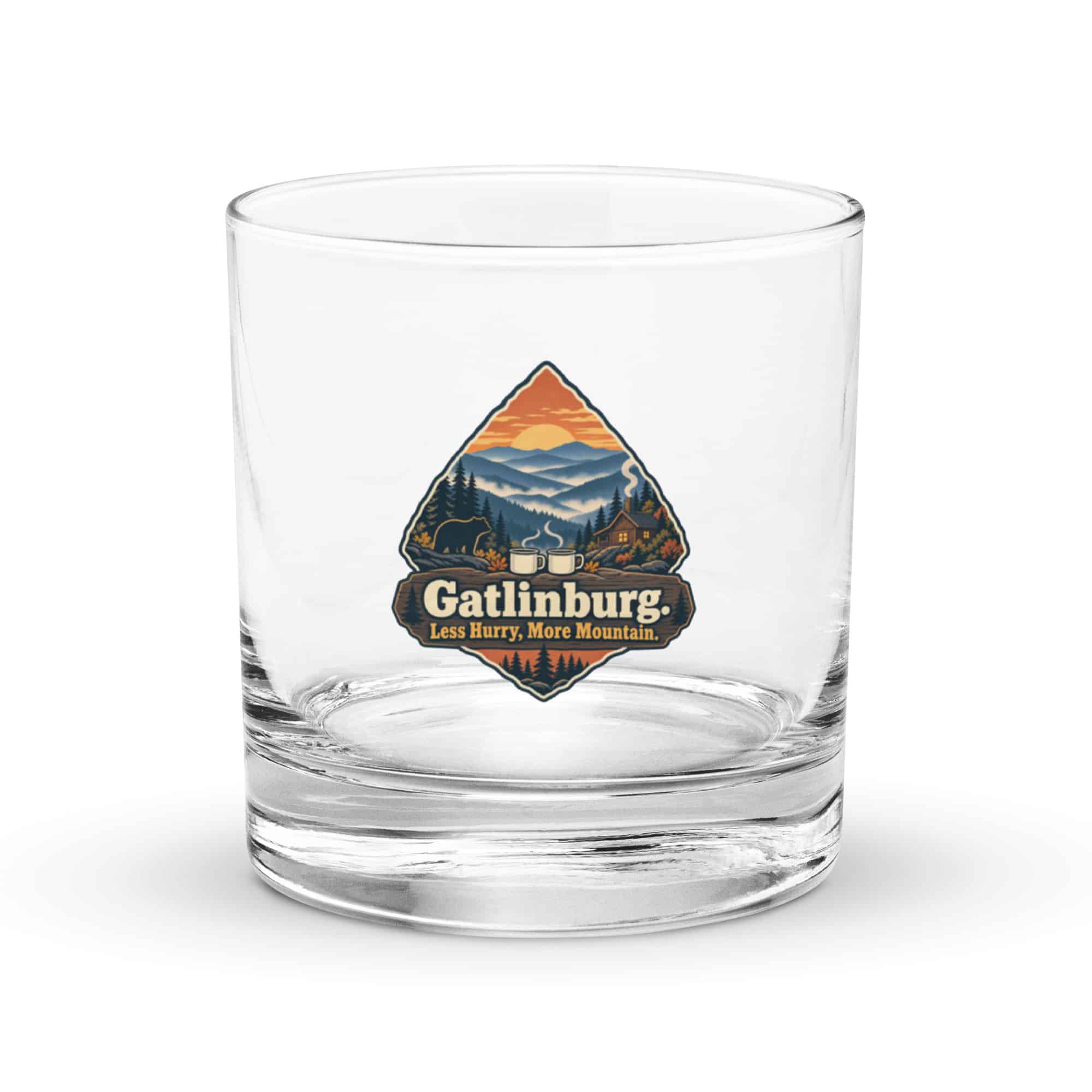 Gatlinburg and the Smokies Rocks Glass: Gatlinburg. Less Hurry, More Mountain, Scenic Shield Badge