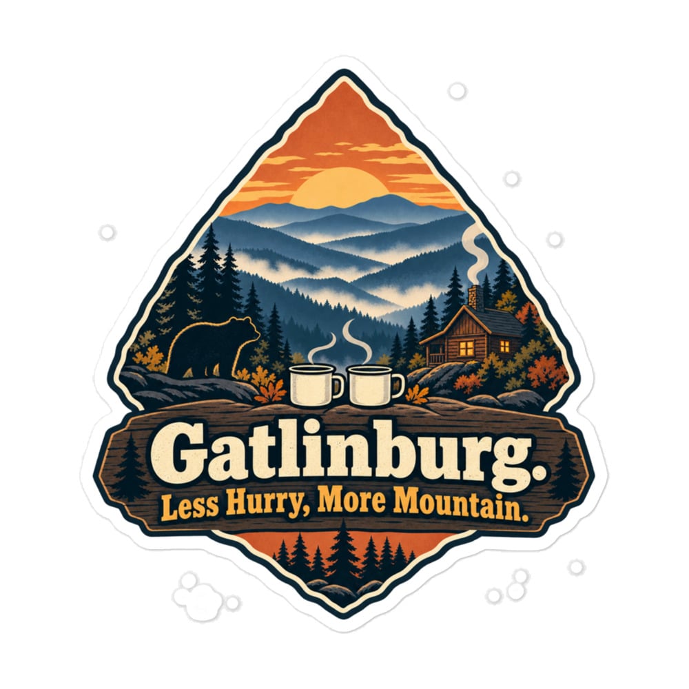 Gatlinburg and the Smokies Vinyl Sticker: Gatlinburg. Less Hurry, More Mountain, Scenic Shield Badge