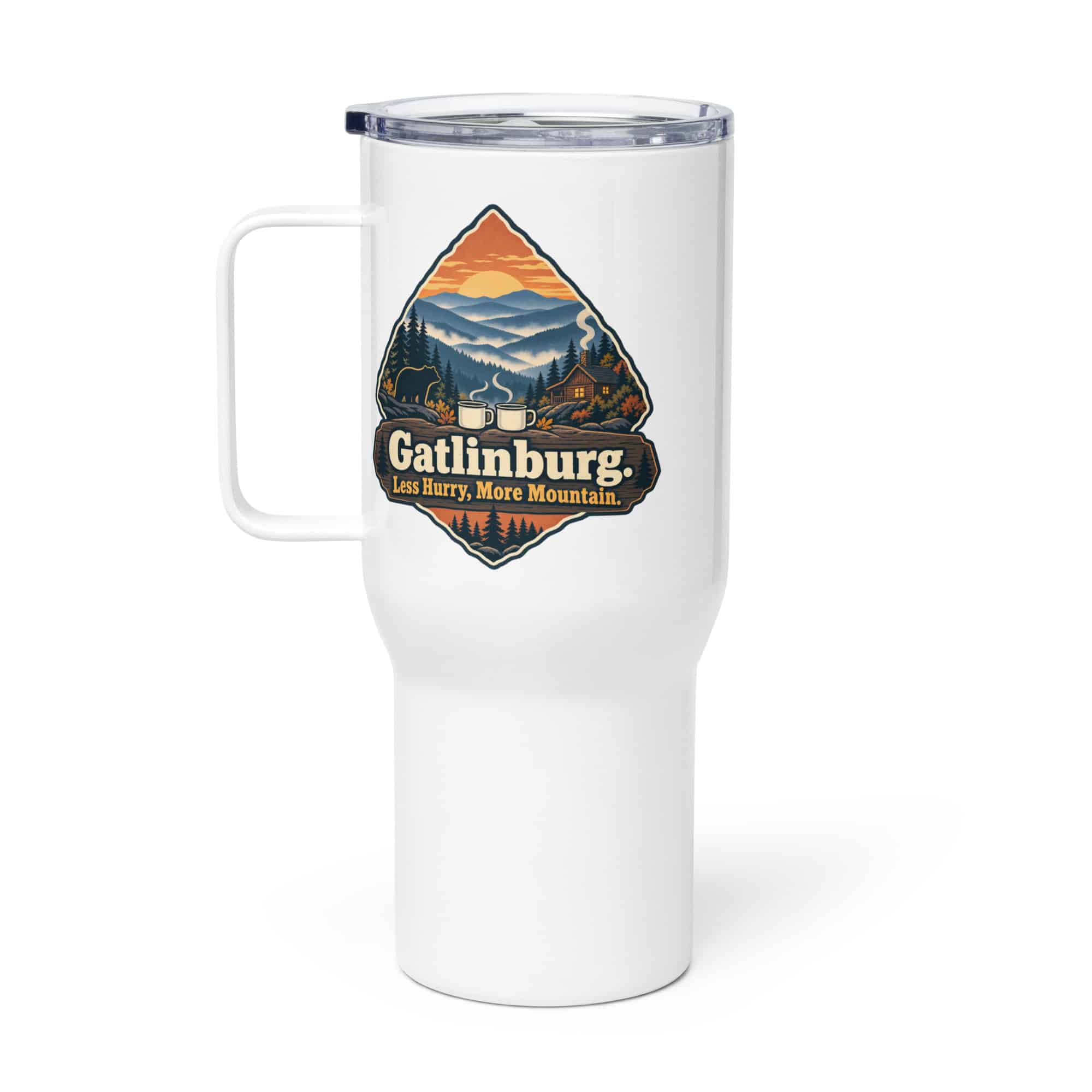 Gatlinburg and the Smokies Travel Mug: Gatlinburg. Less Hurry, More Mountain, Scenic Shield Badge