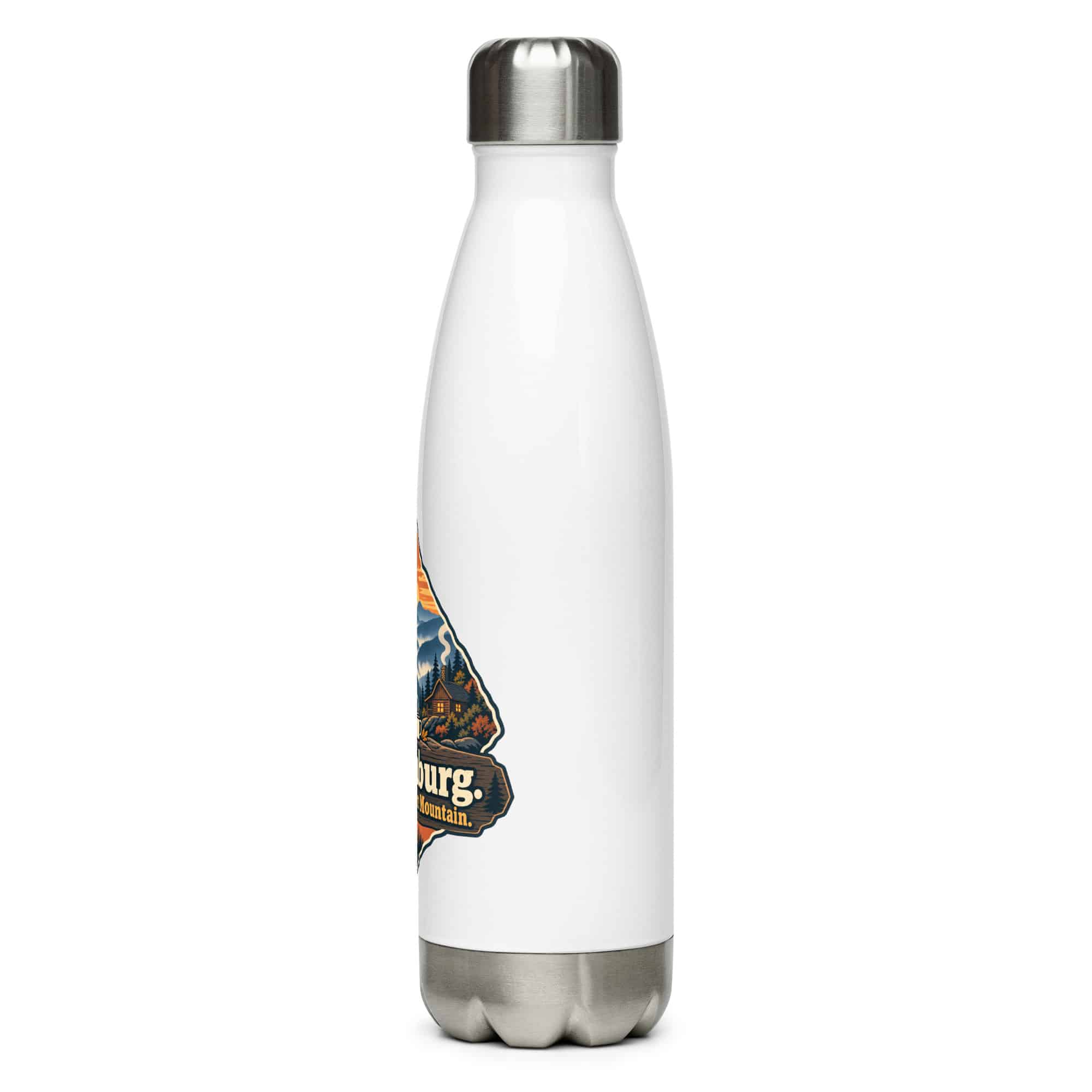 Gatlinburg and the Smokies Stainless Steel Water Bottle: Gatlinburg. Less Hurry, More Mountain, Scenic Shield Badge