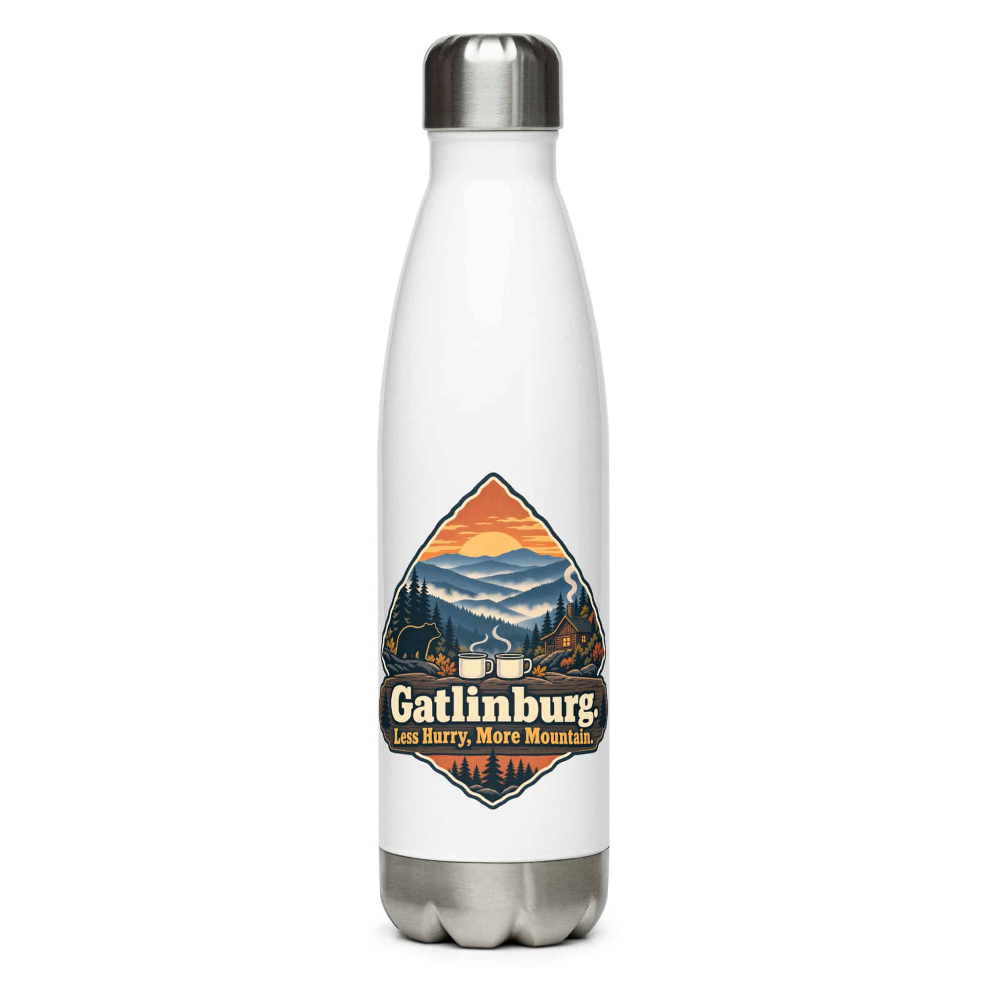 Gatlinburg and the Smokies Stainless Steel Water Bottle: Gatlinburg. Less Hurry, More Mountain, Scenic Shield Badge