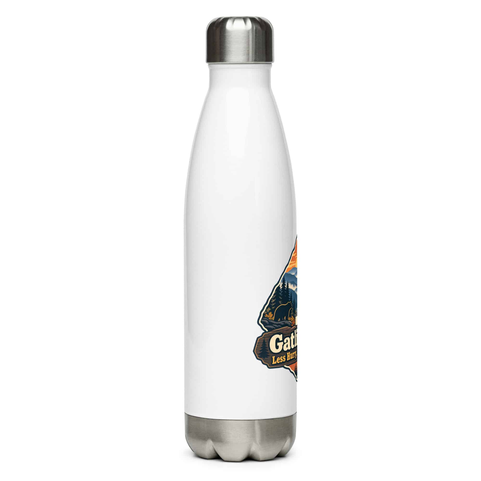 Gatlinburg and the Smokies Stainless Steel Water Bottle: Gatlinburg. Less Hurry, More Mountain, Scenic Shield Badge