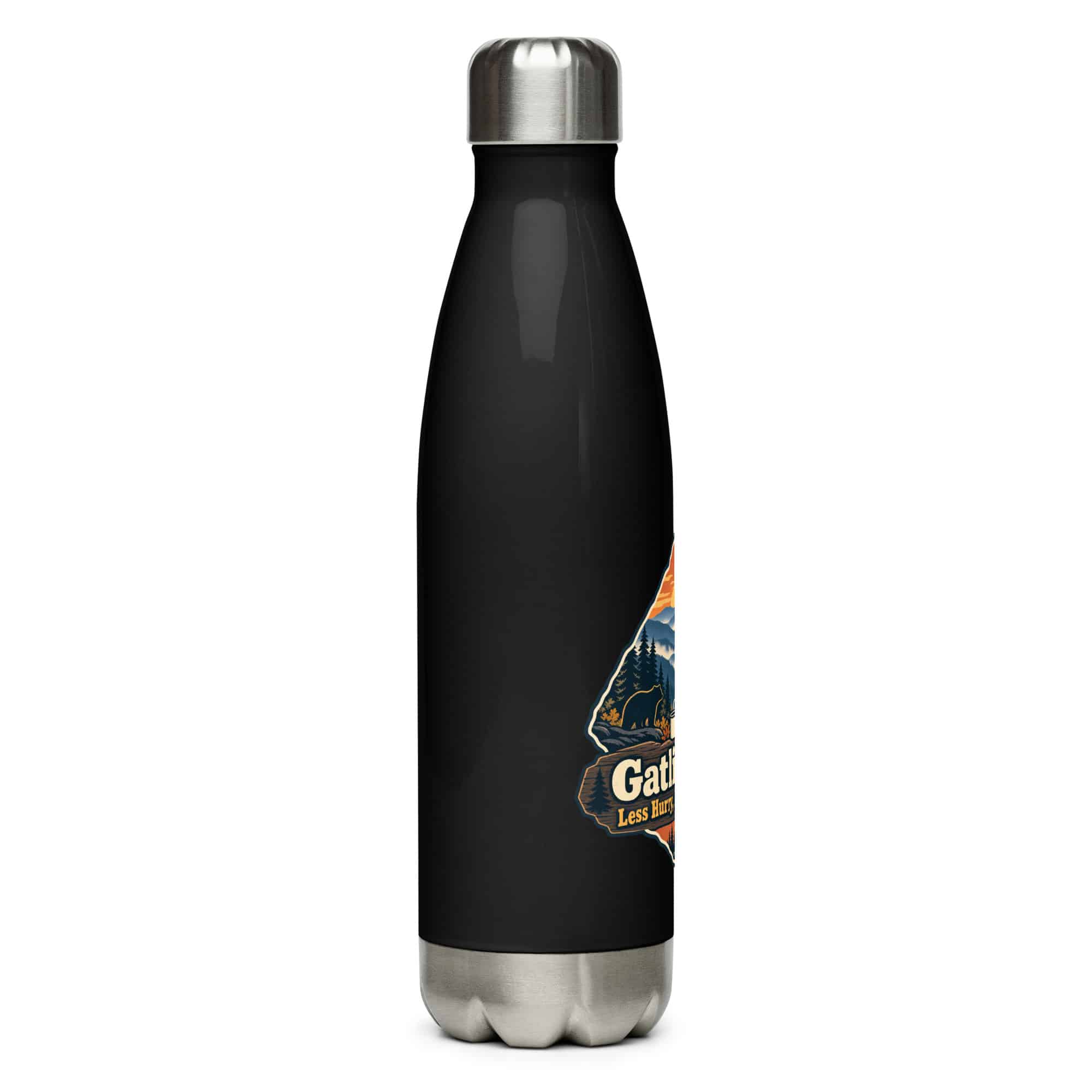 Gatlinburg and the Smokies Stainless Steel Water Bottle: Gatlinburg. Less Hurry, More Mountain, Scenic Shield Badge