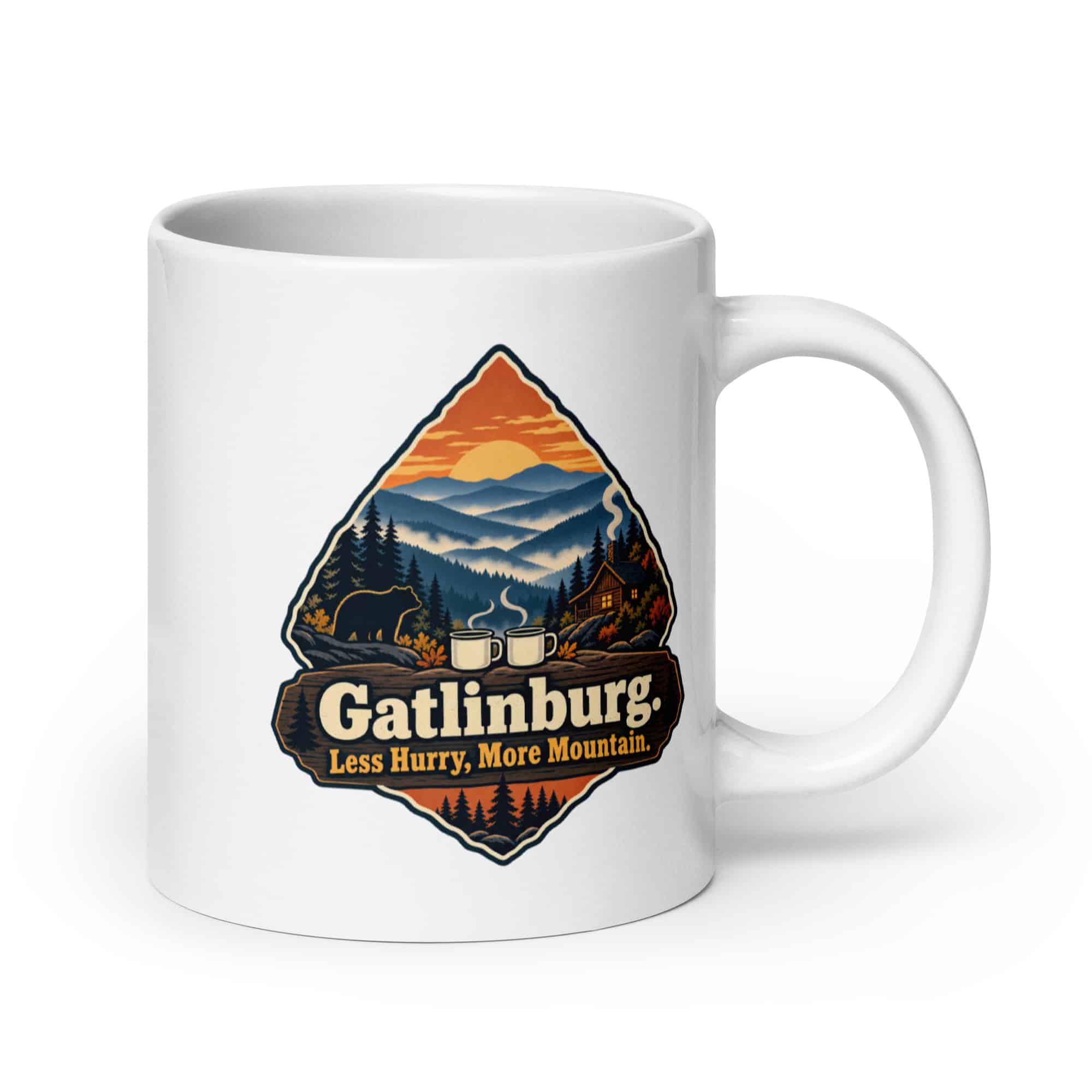 Gatlinburg and the Smokies White Ceramic Coffee Mug: Gatlinburg. Less Hurry, More Mountain, Scenic Shield Badge