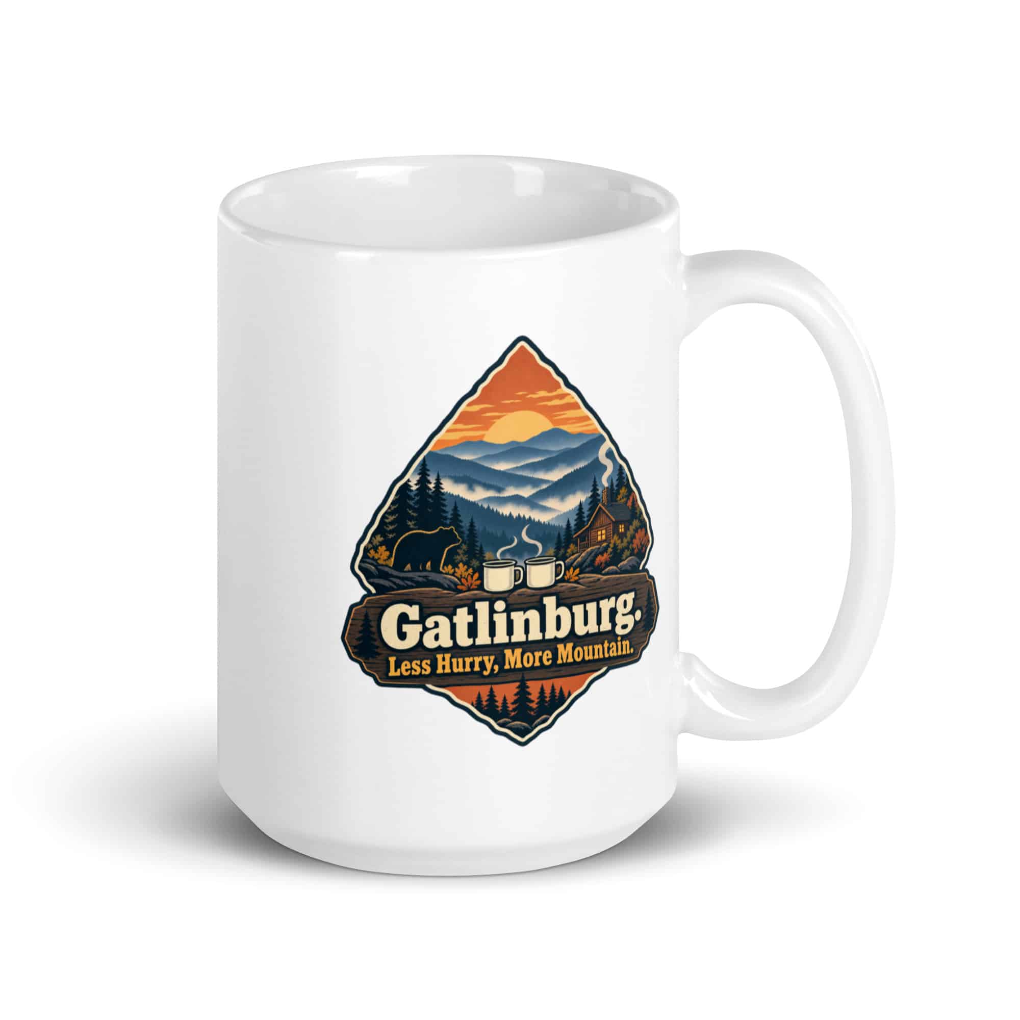 Gatlinburg and the Smokies White Ceramic Coffee Mug: Gatlinburg. Less Hurry, More Mountain, Scenic Shield Badge