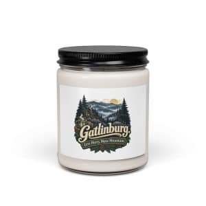 Gatlinburg and the Smokies Soy Wax Candle: Gatlinburg. Less Hurry, More Mountain, Woodland Scenic Lettering - 9oz - Main