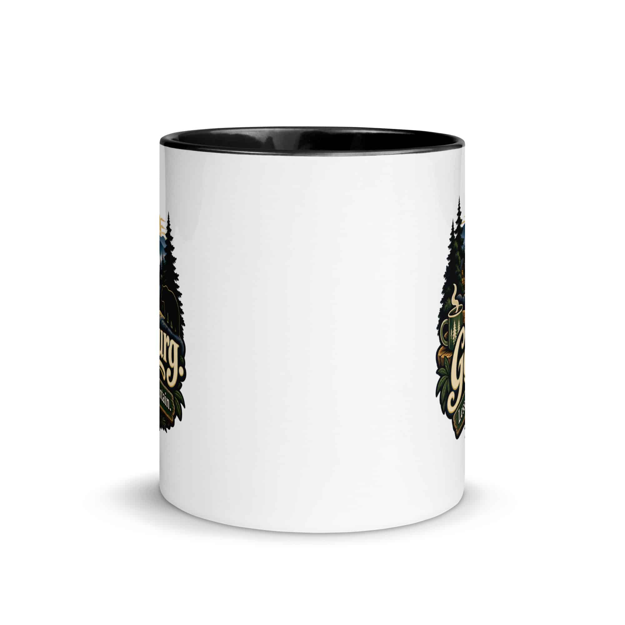 Gatlinburg and the Smokies Color Inside Coffee Mug: Gatlinburg. Less Hurry, More Mountain, Woodland Scenic Lettering
