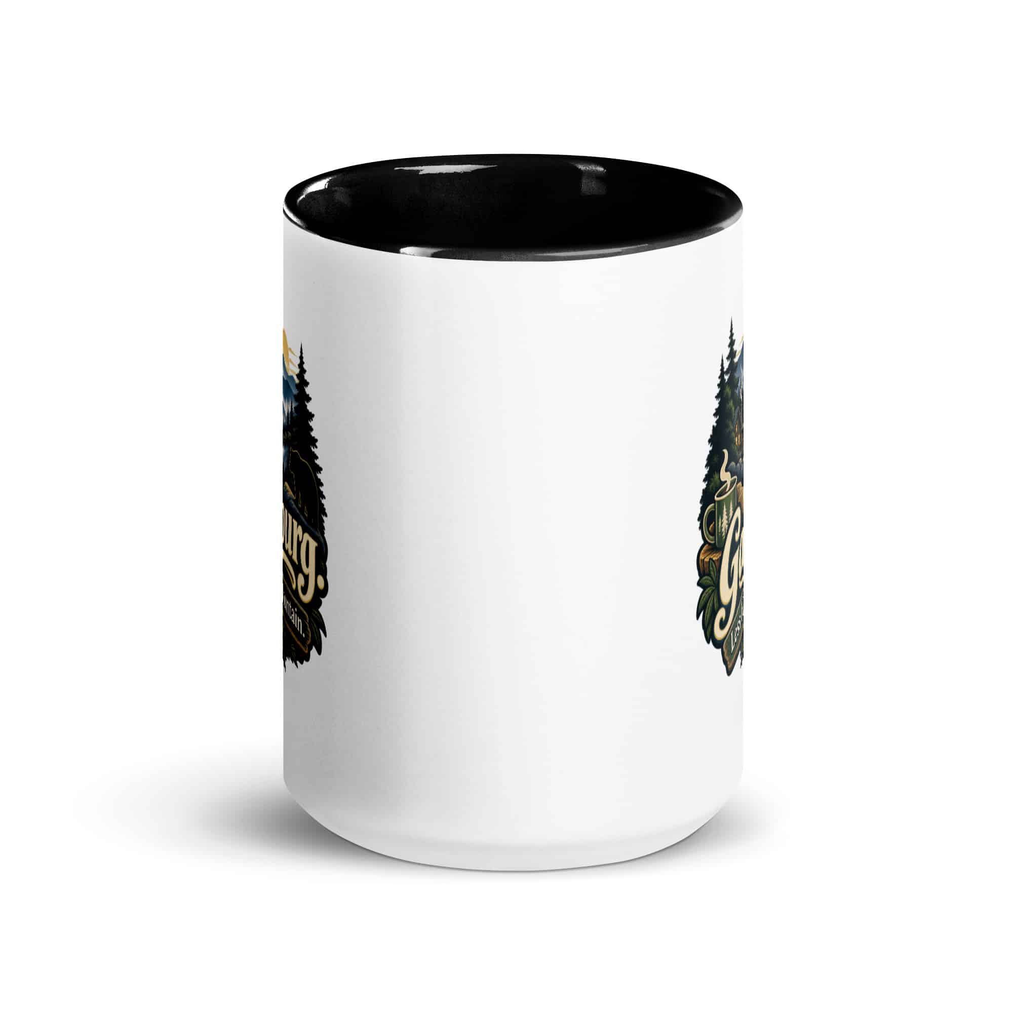 Gatlinburg and the Smokies Color Inside Coffee Mug: Gatlinburg. Less Hurry, More Mountain, Woodland Scenic Lettering