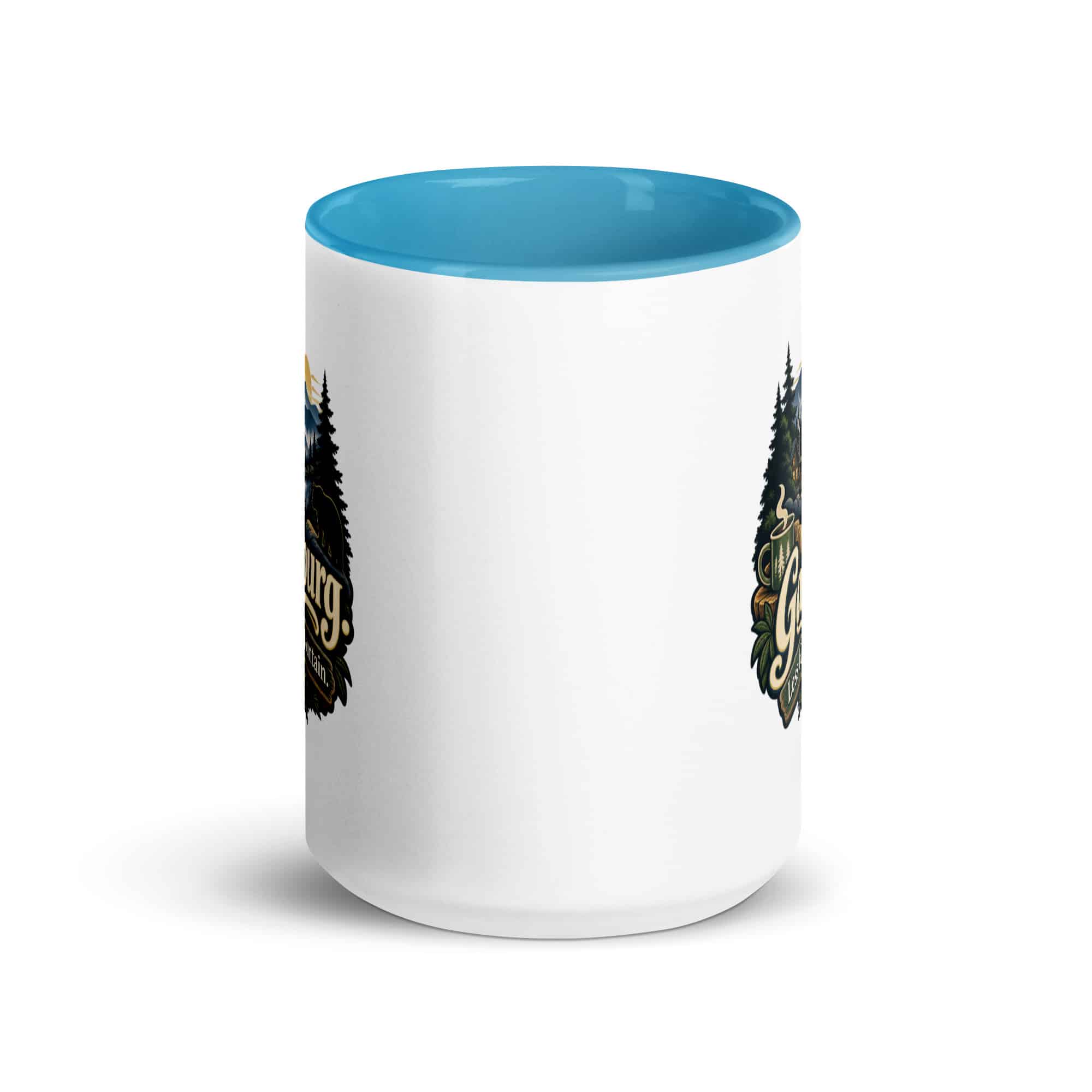 Gatlinburg and the Smokies Color Inside Coffee Mug: Gatlinburg. Less Hurry, More Mountain, Woodland Scenic Lettering