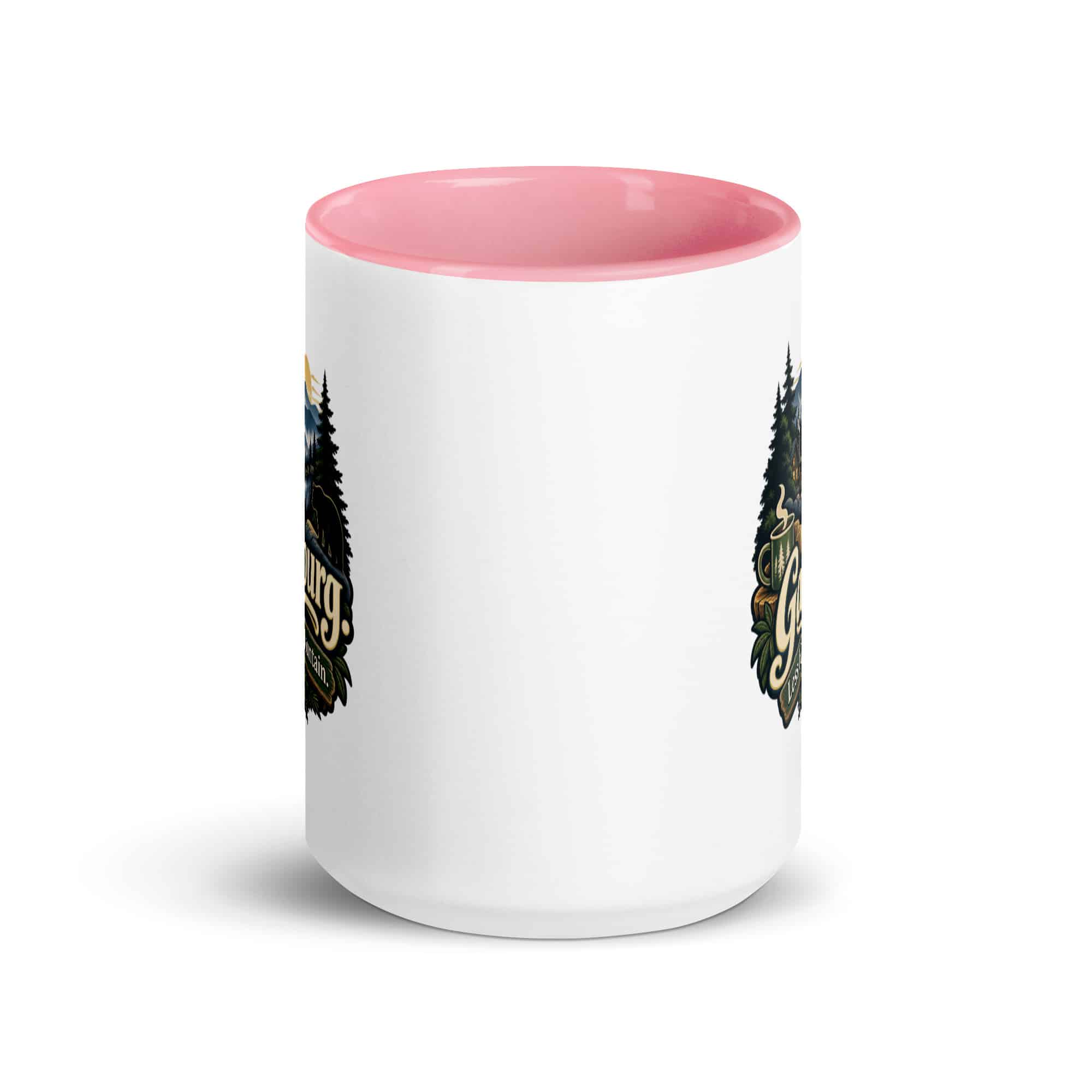 Gatlinburg and the Smokies Color Inside Coffee Mug: Gatlinburg. Less Hurry, More Mountain, Woodland Scenic Lettering