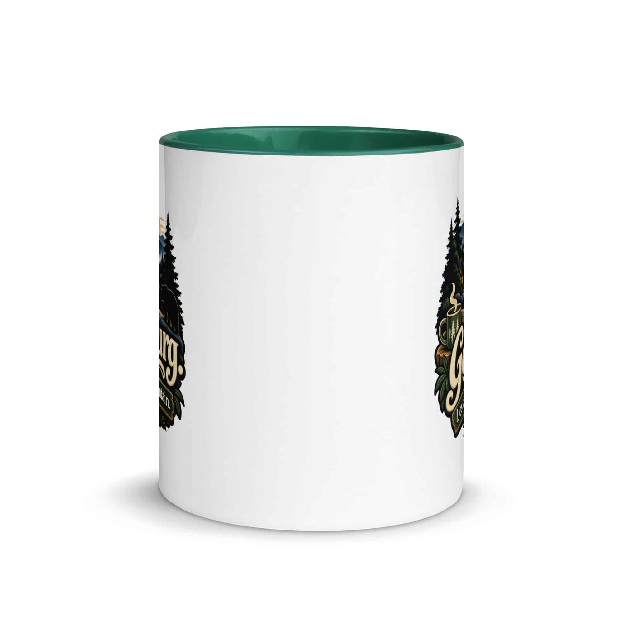 Gatlinburg and the Smokies Color Inside Coffee Mug: Gatlinburg. Less Hurry, More Mountain, Woodland Scenic Lettering