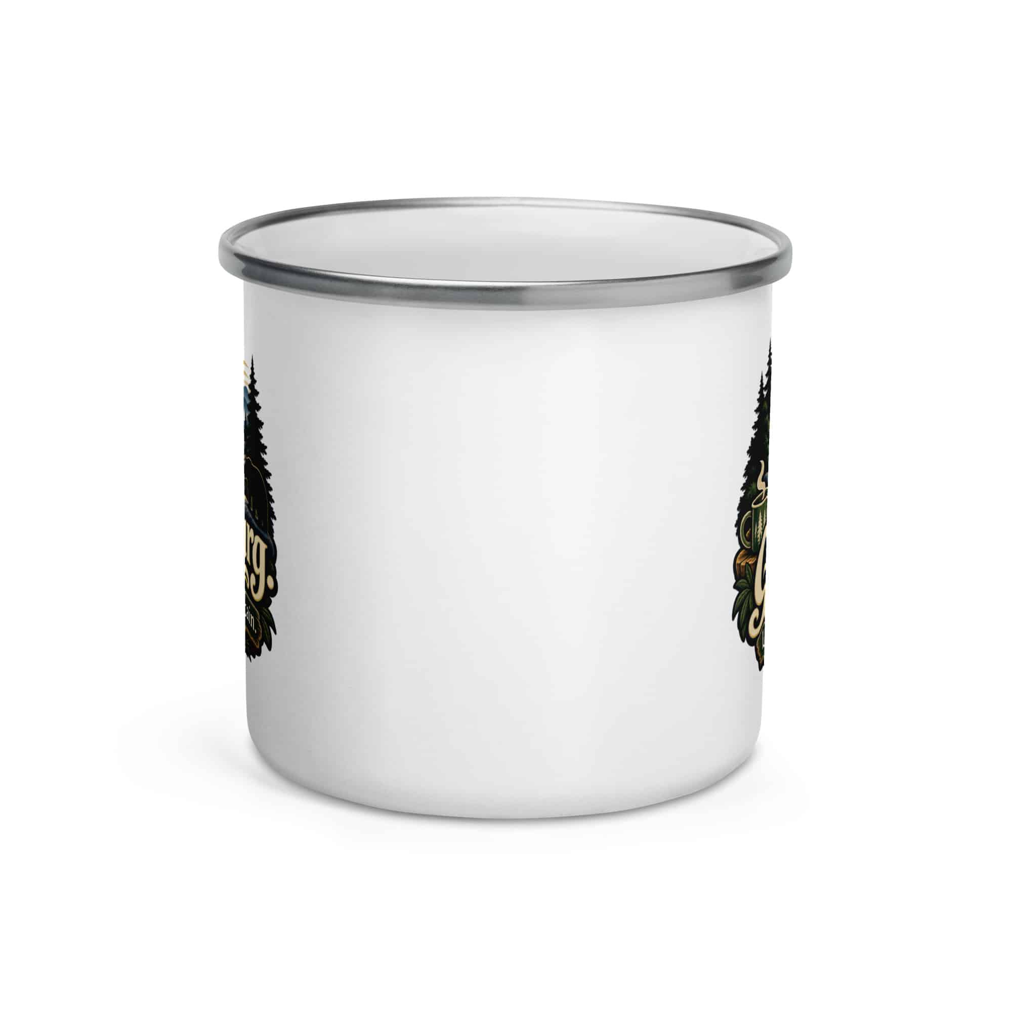 Gatlinburg and the Smokies Enamel Camp Mug: Gatlinburg. Less Hurry, More Mountain, Woodland Scenic Lettering