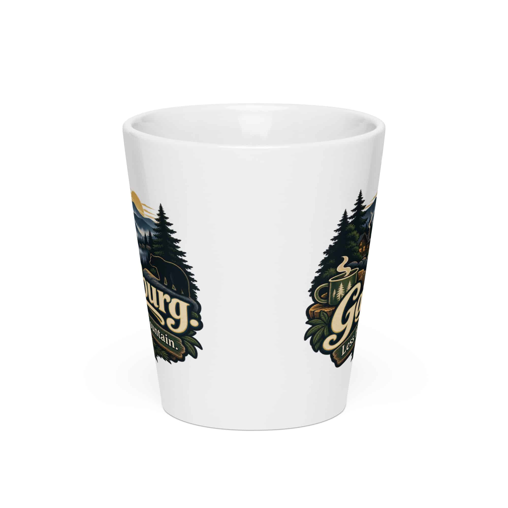 Gatlinburg and the Smokies Latte Mug: Gatlinburg. Less Hurry, More Mountain, Woodland Scenic Lettering
