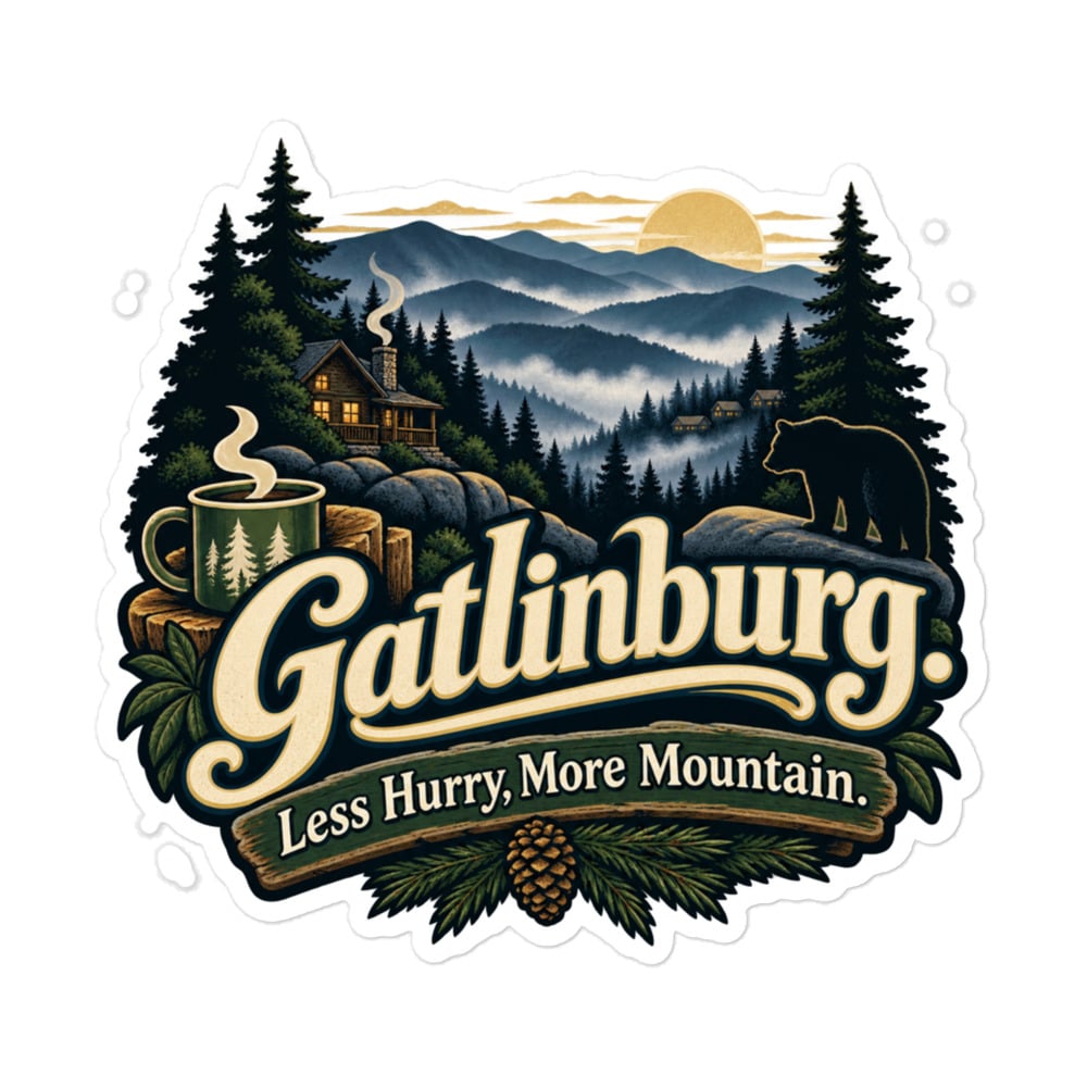 Gatlinburg and the Smokies Vinyl Sticker: Gatlinburg. Less Hurry, More Mountain, Woodland Scenic Lettering