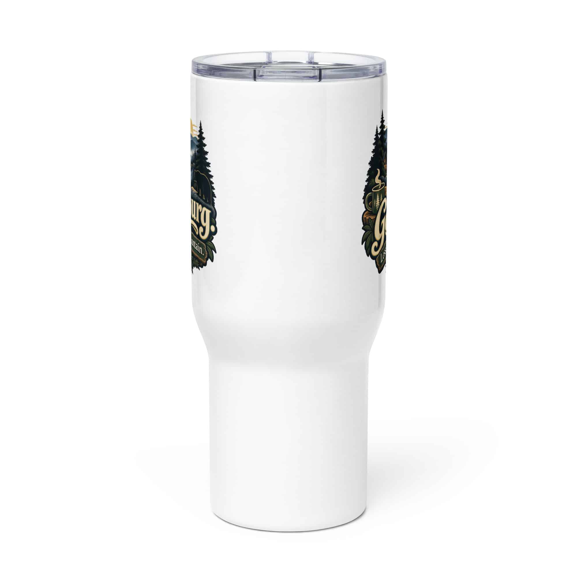Gatlinburg and the Smokies Travel Mug: Gatlinburg. Less Hurry, More Mountain, Woodland Scenic Lettering