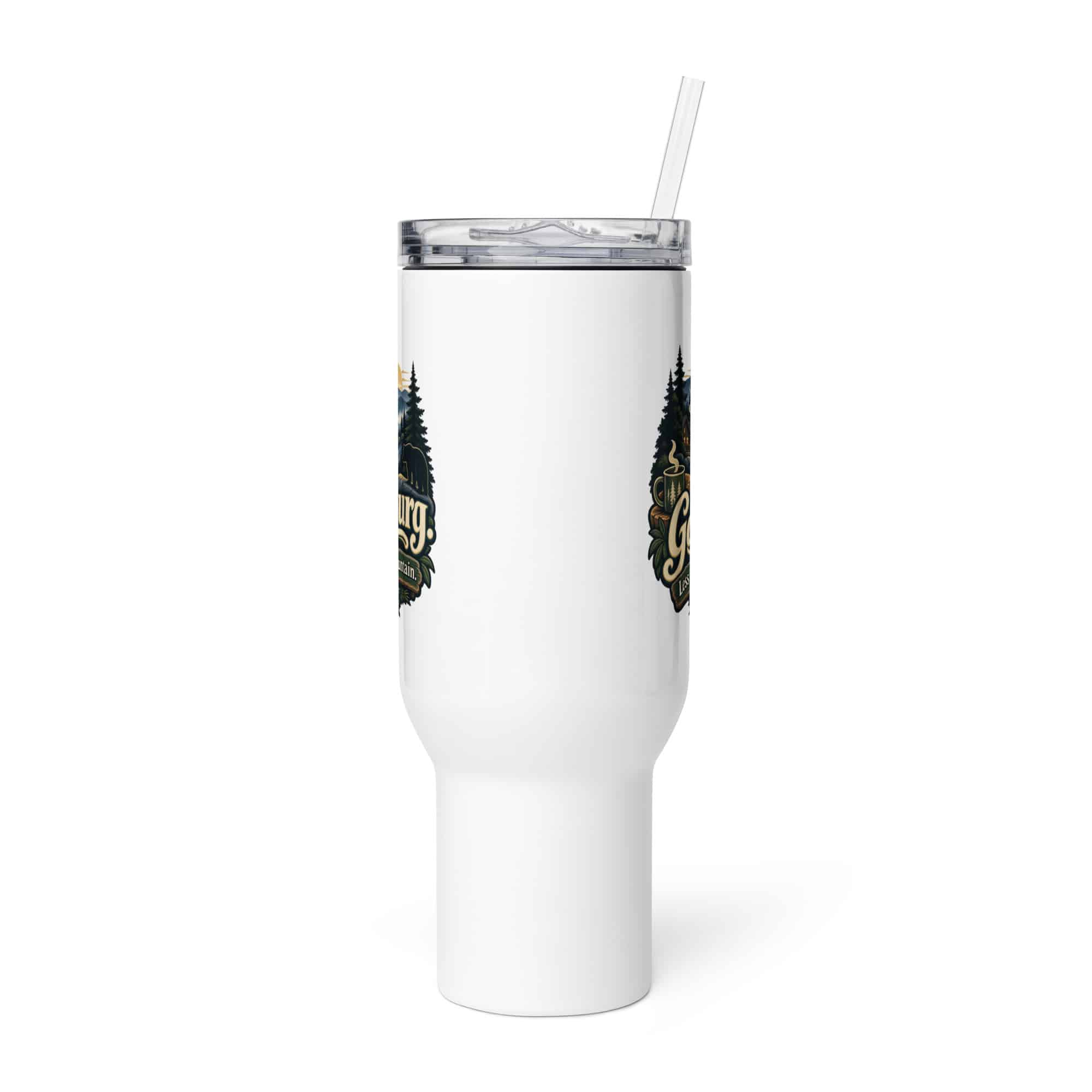 Gatlinburg and the Smokies Travel Mug: Gatlinburg. Less Hurry, More Mountain, Woodland Scenic Lettering
