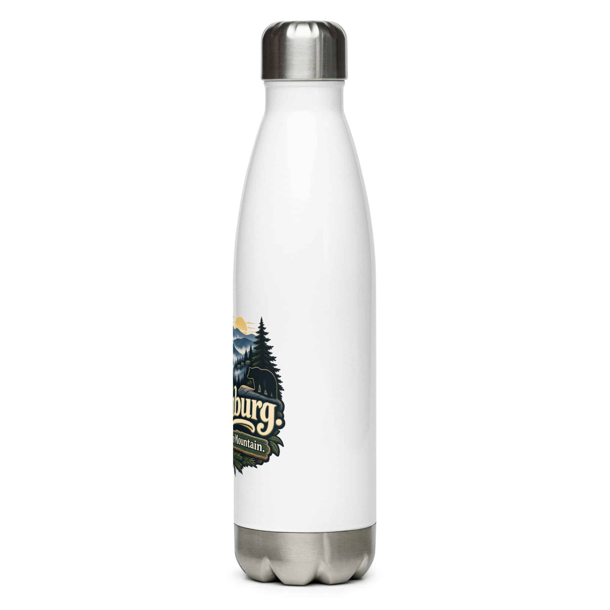 Gatlinburg and the Smokies Stainless Steel Water Bottle: Gatlinburg. Less Hurry, More Mountain, Woodland Scenic Lettering