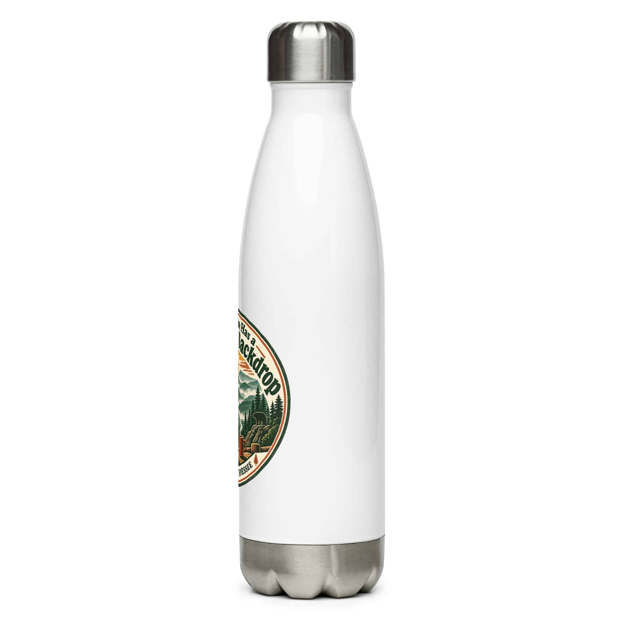 Gatlinburg and the Smokies Stainless Steel Water Bottle: My Vacation Has a Mountain Backdrop, Vintage Round Badge