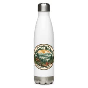 Gatlinburg and the Smokies Stainless Steel Water Bottle: My Vacation Has a Mountain Backdrop, Vintage Round Badge - 17 oz - Main