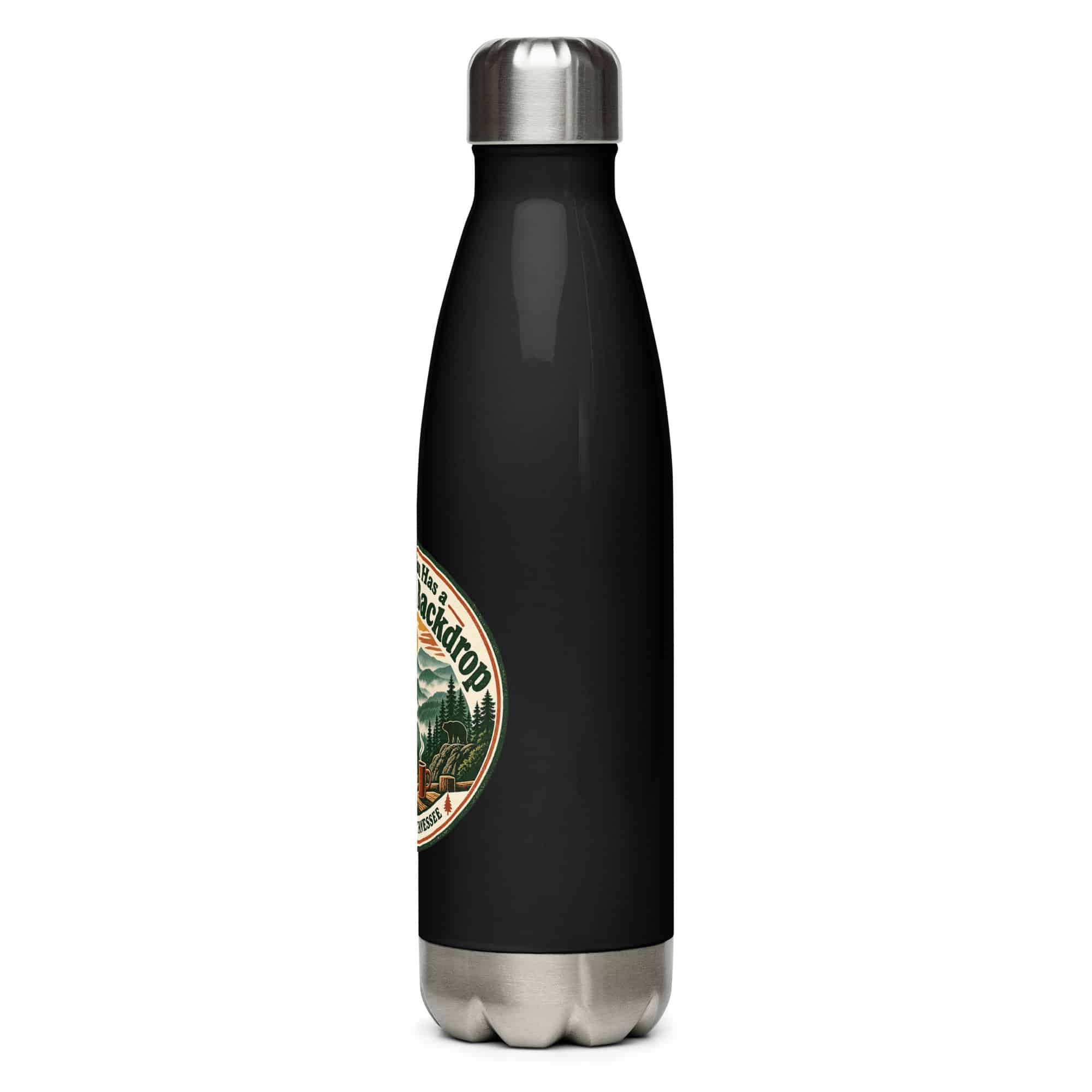 Gatlinburg and the Smokies Stainless Steel Water Bottle: My Vacation Has a Mountain Backdrop, Vintage Round Badge