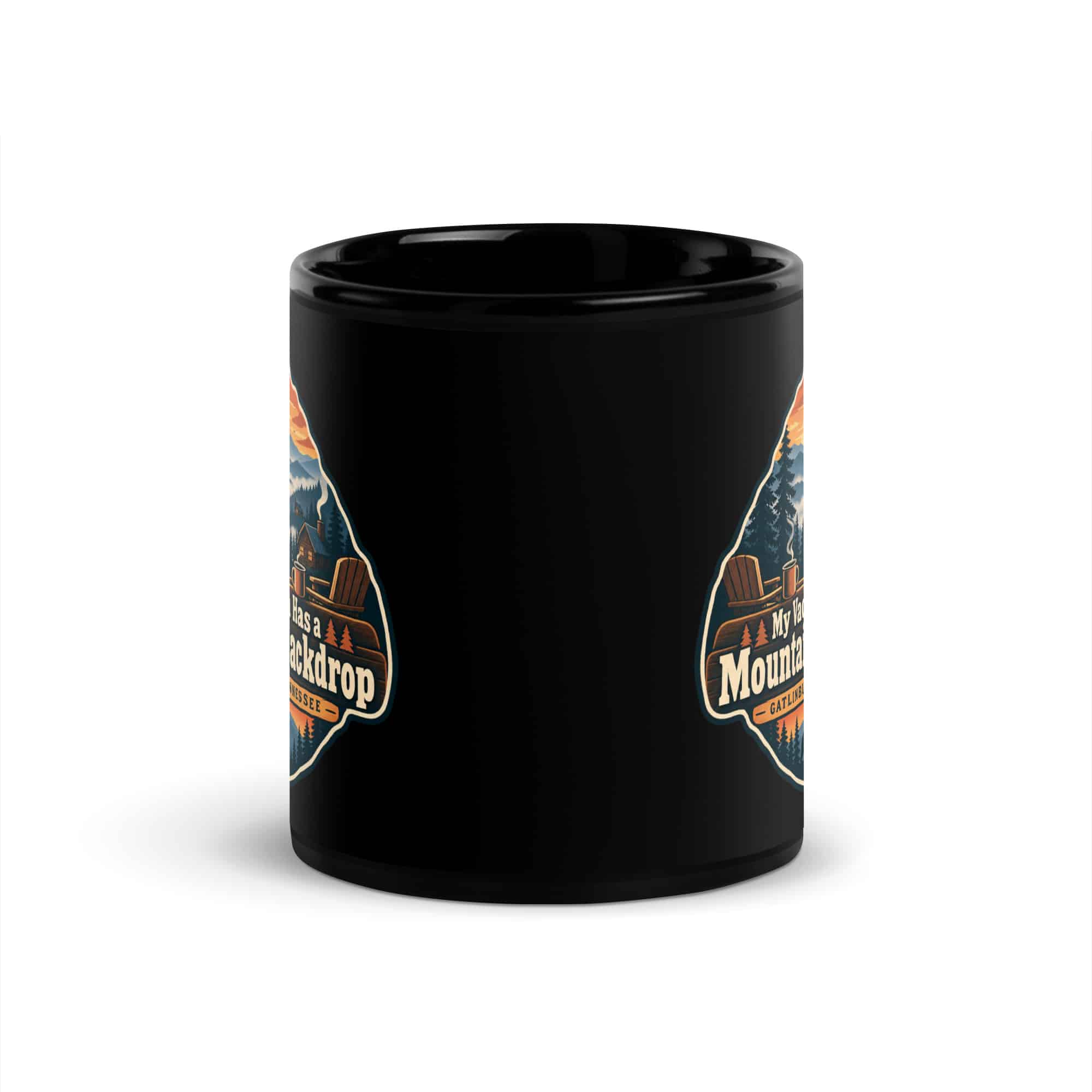 Gatlinburg and the Smokies Black Coffee Mug: My Vacation Has a Mountain Backdrop, Scenic Shield Badge