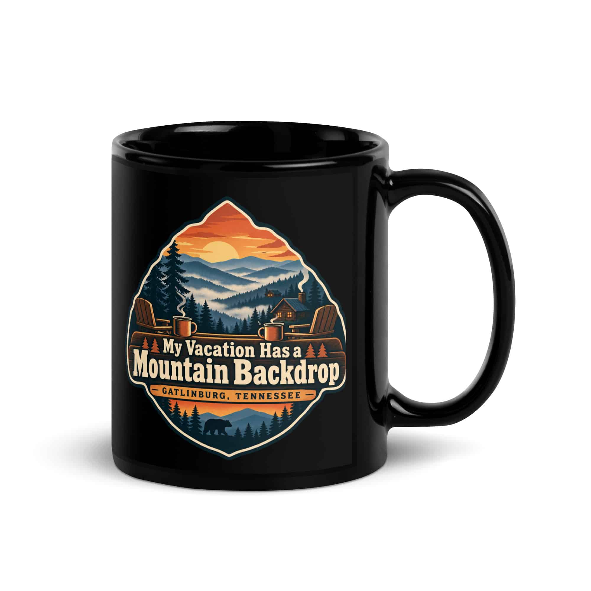 Gatlinburg and the Smokies Black Coffee Mug: My Vacation Has a Mountain Backdrop, Scenic Shield Badge