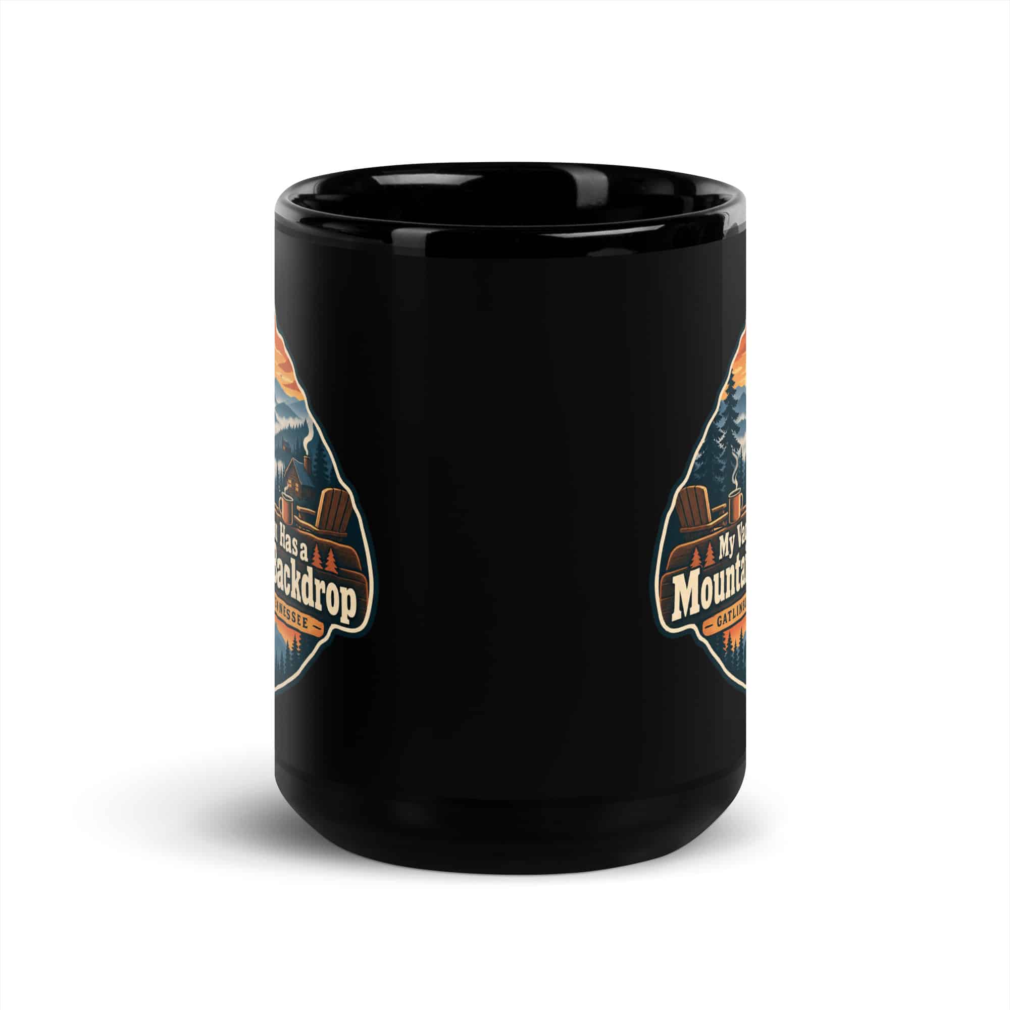 Gatlinburg and the Smokies Black Coffee Mug: My Vacation Has a Mountain Backdrop, Scenic Shield Badge