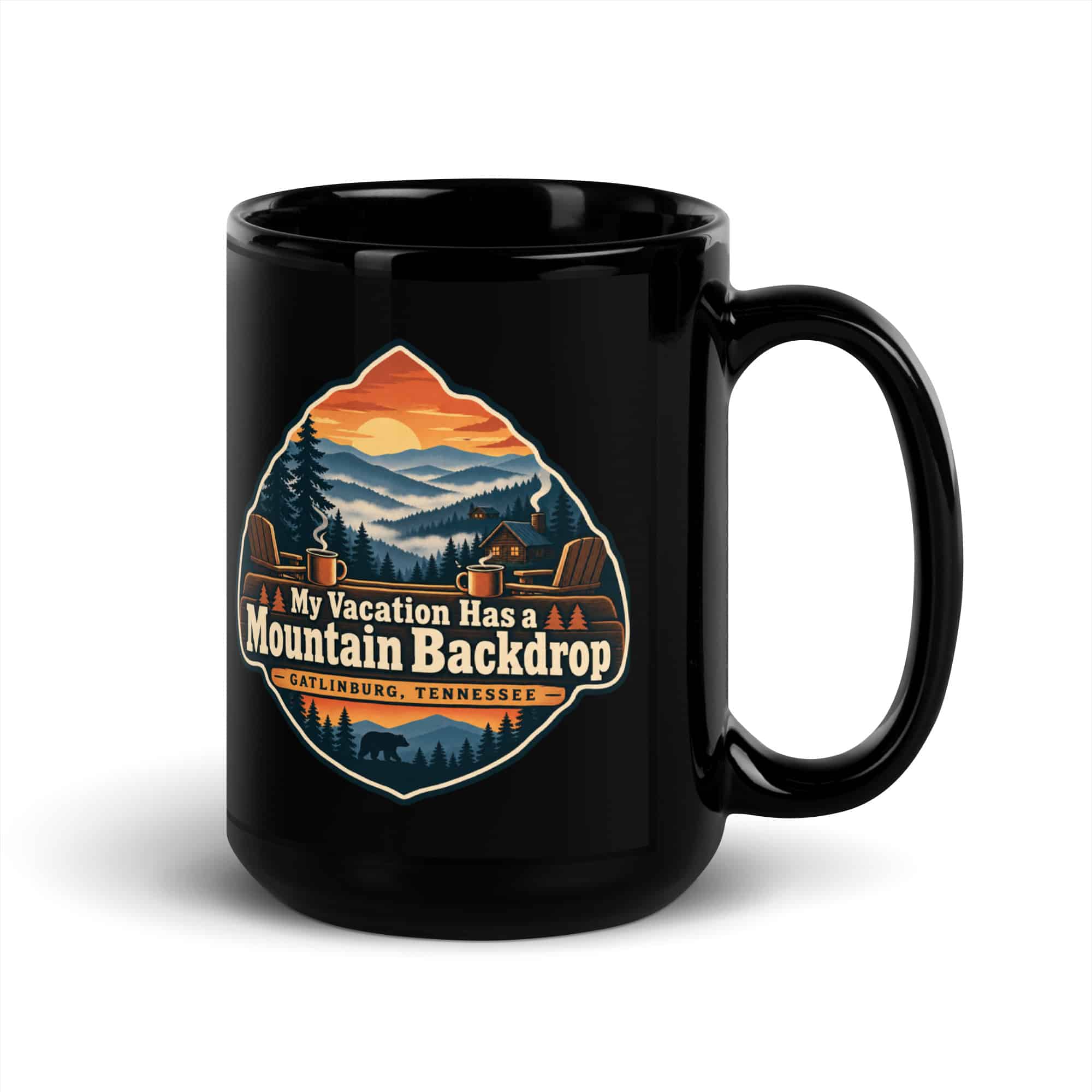 Gatlinburg and the Smokies Black Coffee Mug: My Vacation Has a Mountain Backdrop, Scenic Shield Badge