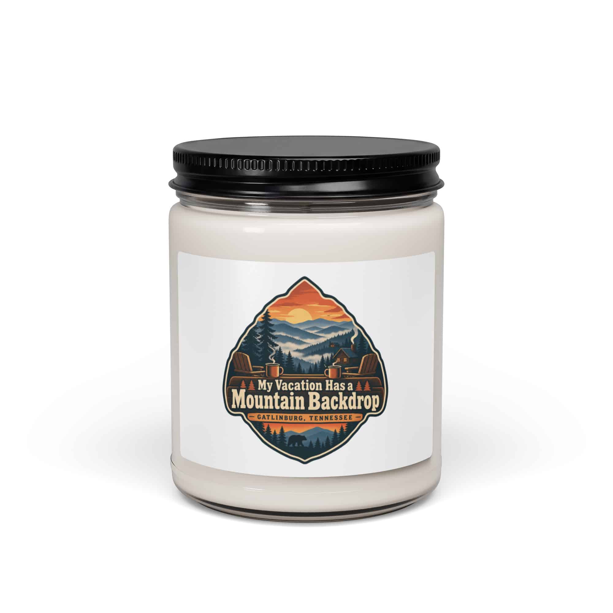 Gatlinburg and the Smokies Soy Wax Candle: My Vacation Has a Mountain Backdrop, Scenic Shield Badge