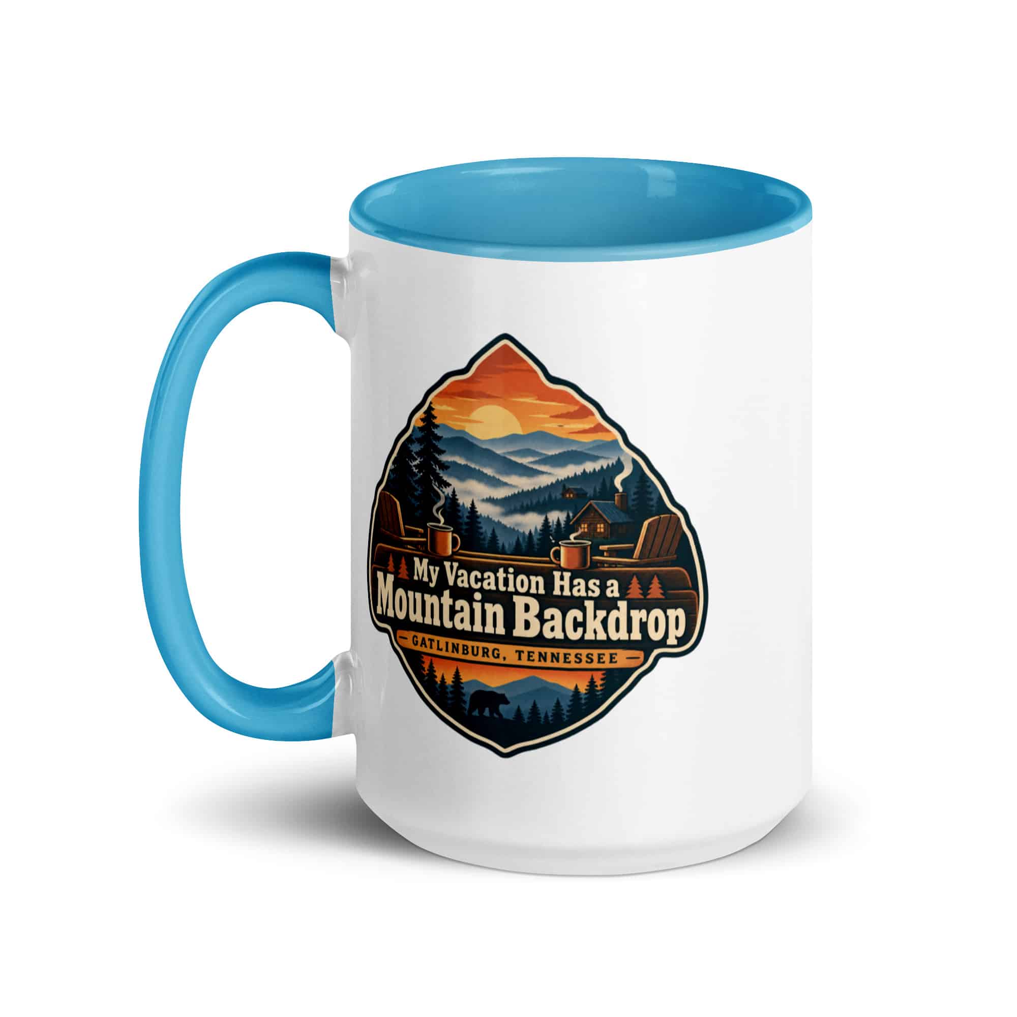 Gatlinburg and the Smokies Color Inside Coffee Mug: My Vacation Has a Mountain Backdrop, Scenic Shield Badge