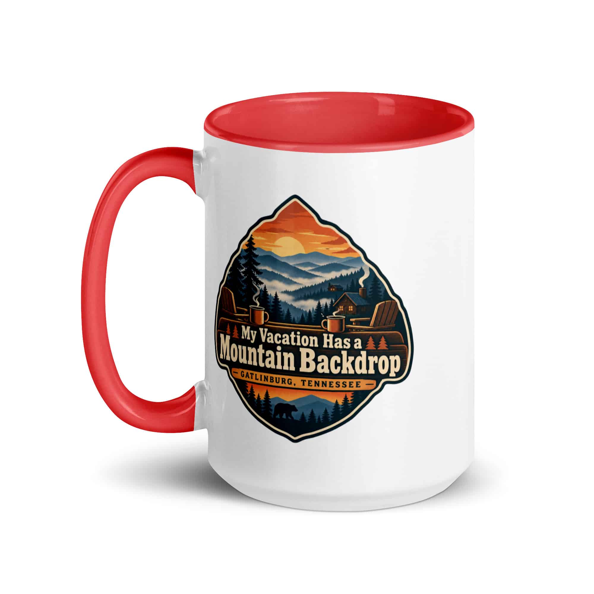 Gatlinburg and the Smokies Color Inside Coffee Mug: My Vacation Has a Mountain Backdrop, Scenic Shield Badge