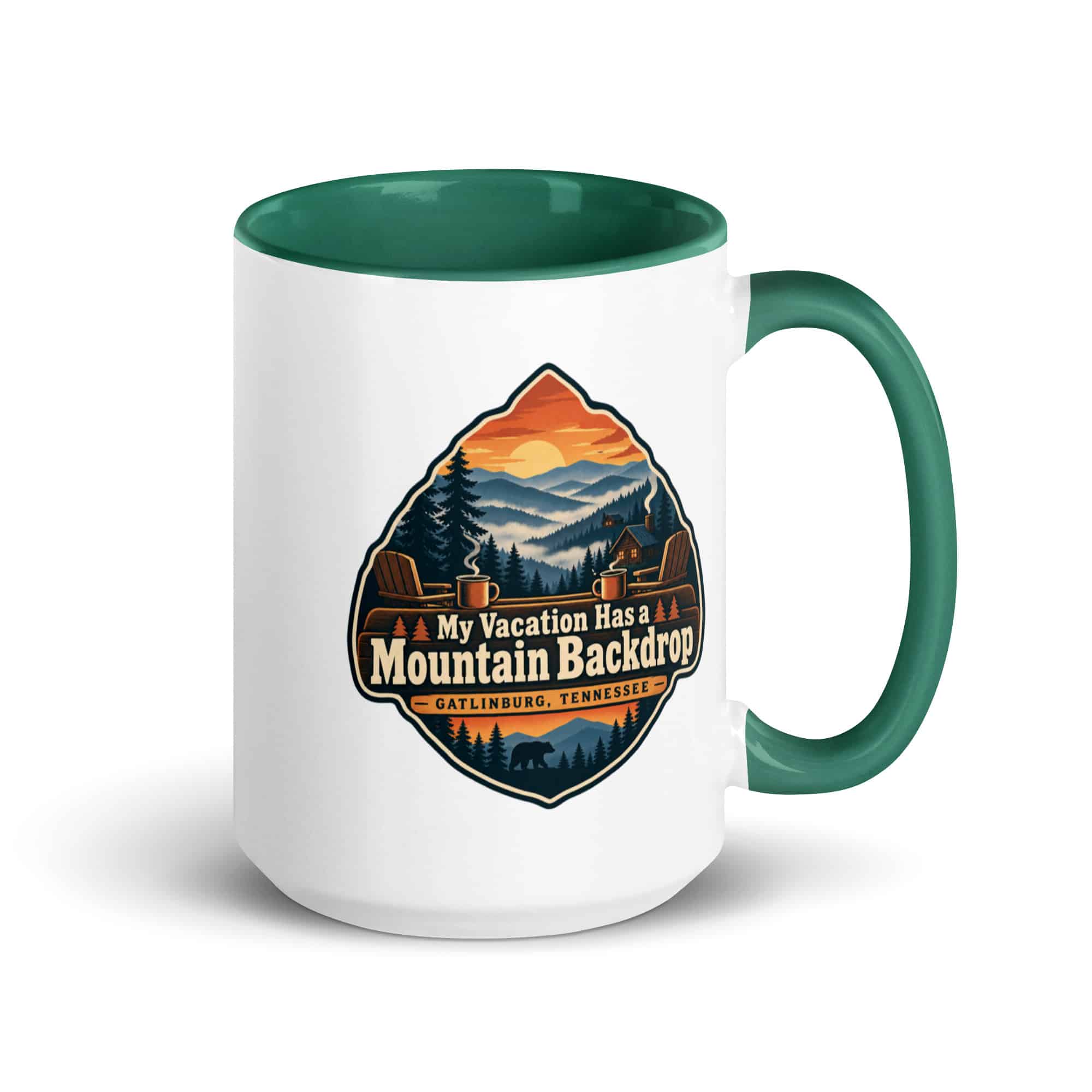 Gatlinburg and the Smokies Color Inside Coffee Mug: My Vacation Has a Mountain Backdrop, Scenic Shield Badge