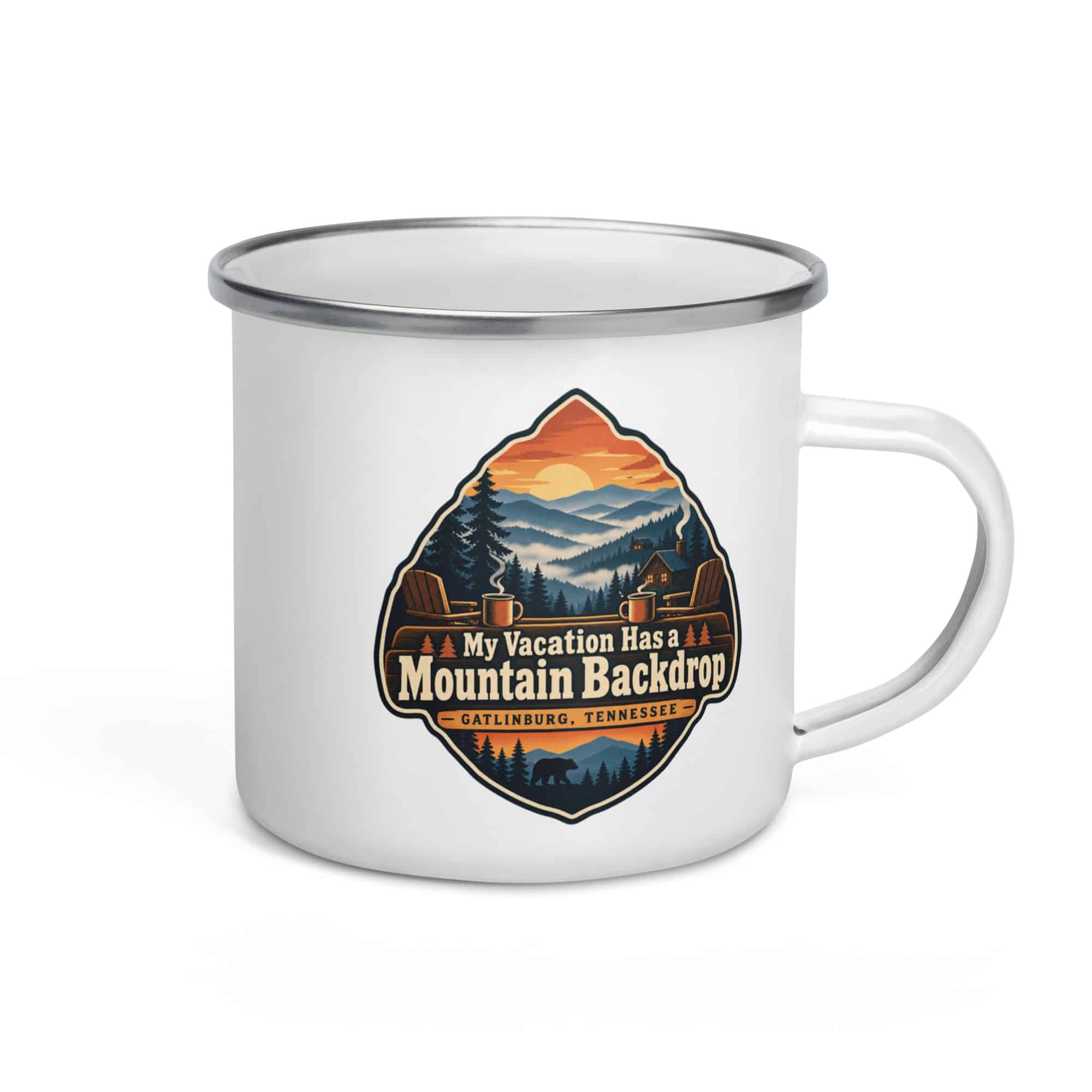 Gatlinburg and the Smokies Enamel Camp Mug: My Vacation Has a Mountain Backdrop, Scenic Shield Badge
